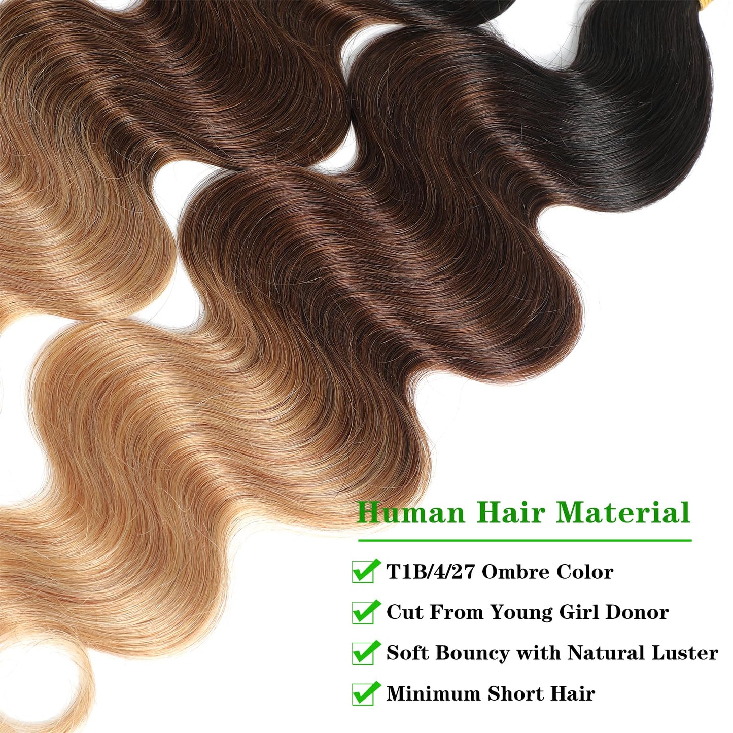Kapelli Hair 10A Ombre Human Hair Bundles Ombre Brazilian Hair Body Wave (T1B/4/27,14" 16" 18") Ombre Brazilian Human Hair 100% Unprocessed Virgin Remy Hair Bundles 3 Tone Black to Blonde Human Hair Weave
