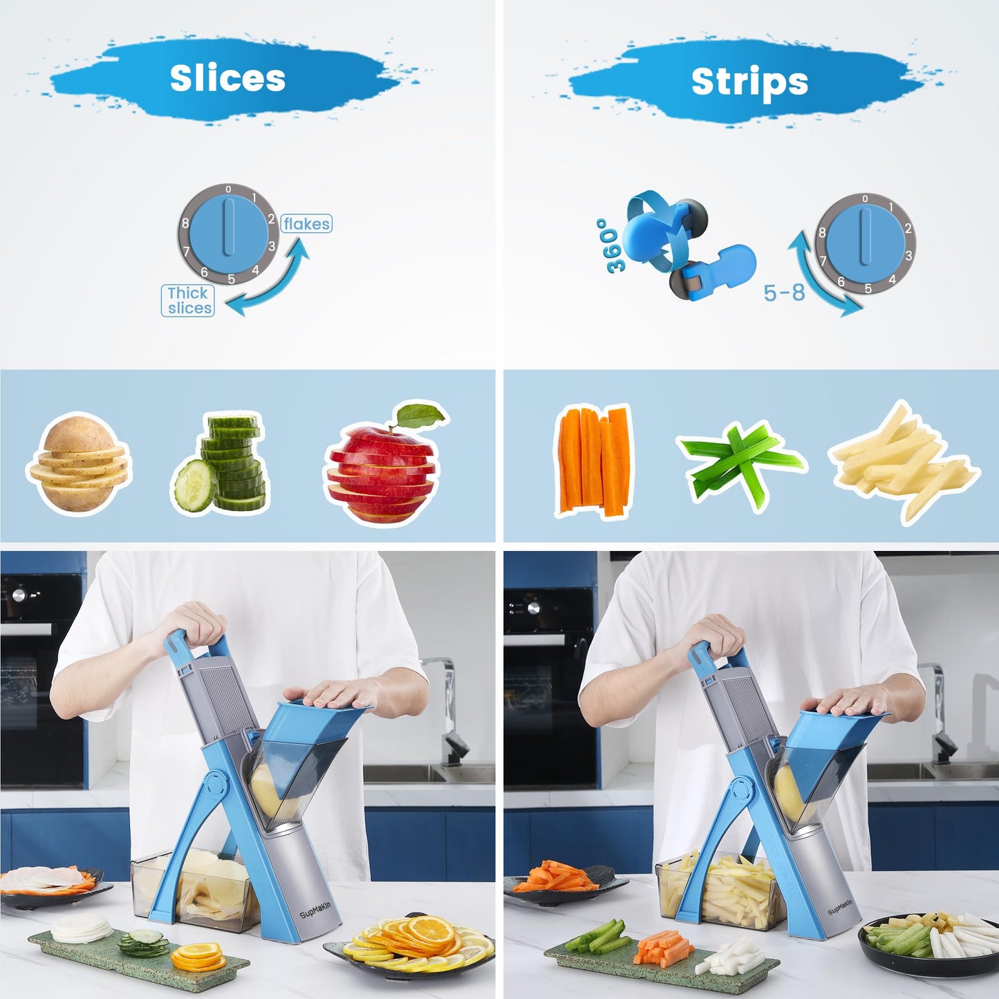 SupMaKin Upgrade Safe Mandoline Slicer Plus, Adjustable Vegetable Chopper Potato Slicer Onion Chopper, French Fries Cutter, Veggie Salad Chopper Kitchen Chopping Artifact (LightBlue)