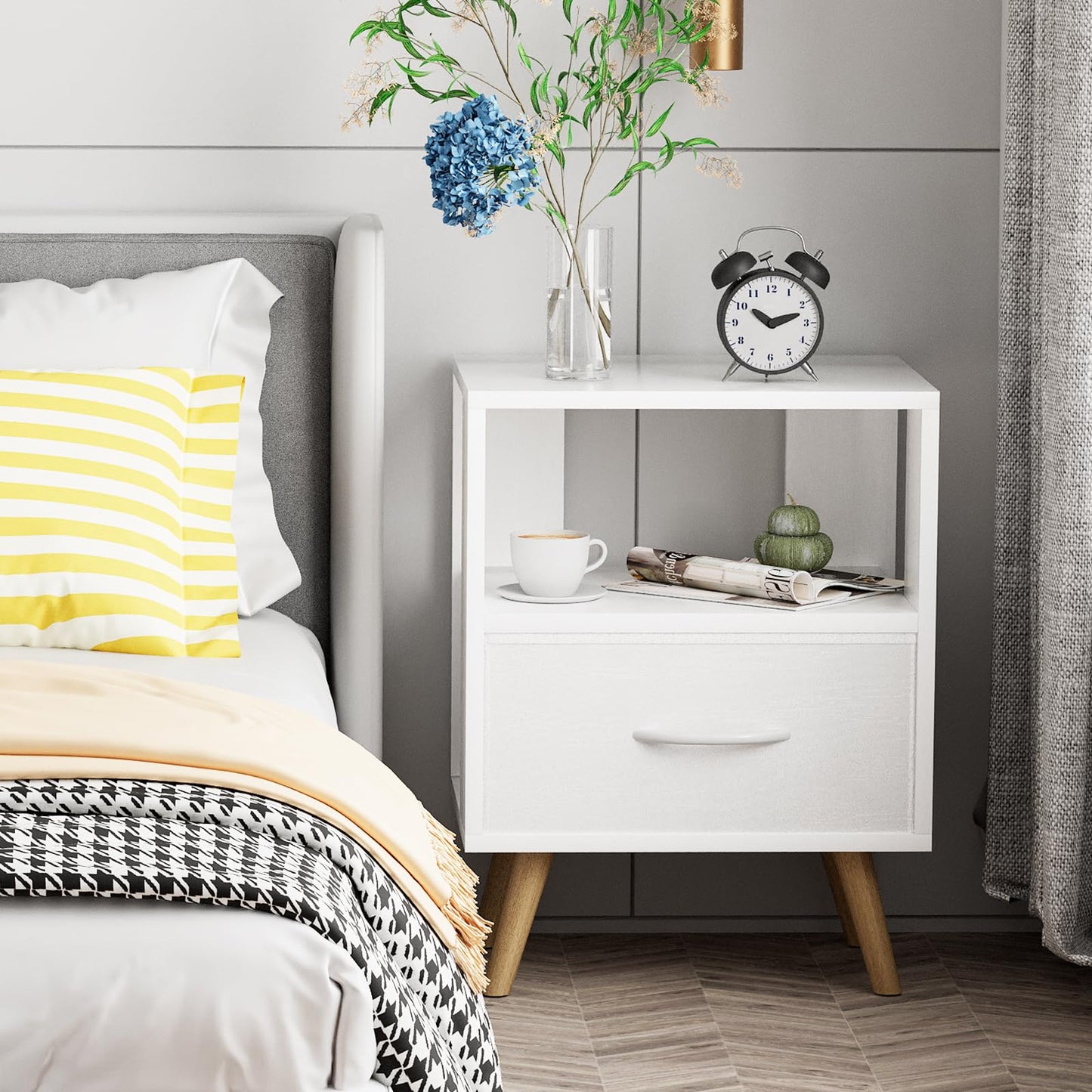 Aenuert Night Stand, White Kids Nightstand with Drawer, Nursery Side Table with Open Storage, 2-Tier Modern End Table, Bedside Table for Small Space, Living Room, Bedroom
