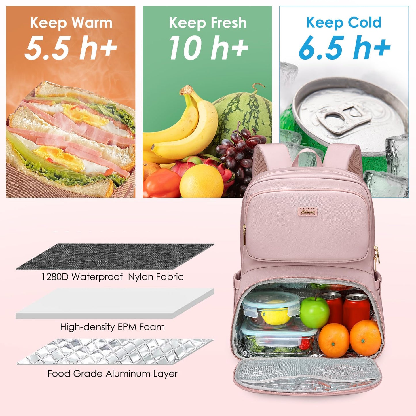 LABOMO Lunch Backpack for Women Men, 16 Inch Laptop Backpack with Lunch Compartment, Water Resistant Lunchbox Back Pack Meal Prep Cooler Bags Insulated for Nurse Work Teacher Travel