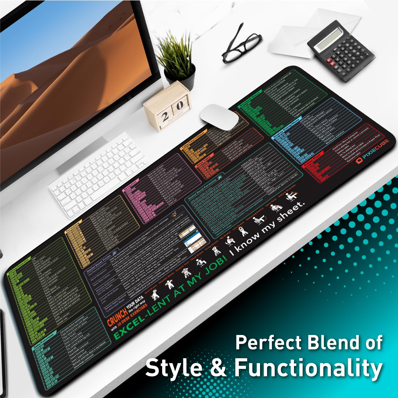 Excel Shortcut Keys Mouse Pad - Extended Large XXL Cheat Sheet Gaming Mousepad | PC Office Spreadsheet Keyboard Mat | Non-Slip Stitched Edge