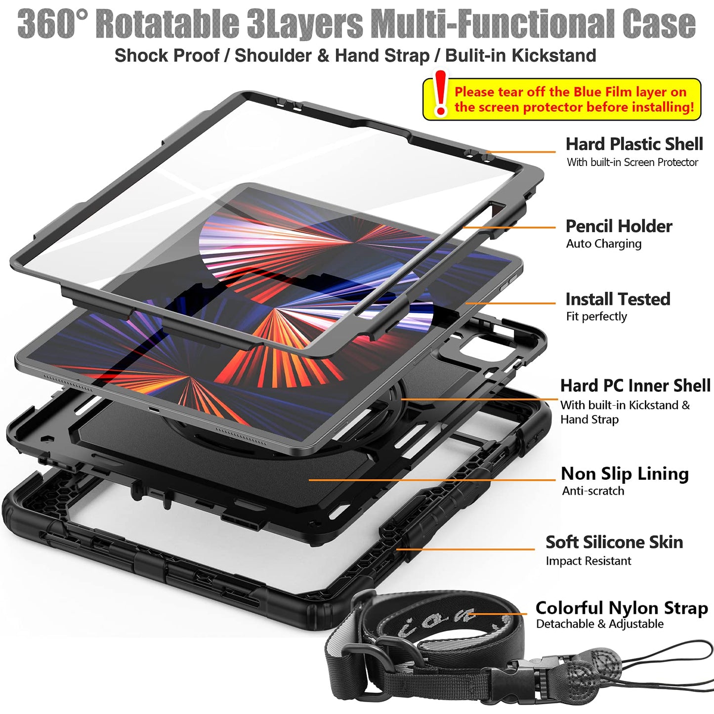 SEYMAC stock Case for iPad Pro 12.9 6th/5th/4th/3rd Gen with Screen Protector, Pencil Holder [360 Rotating Hand Strap] &Stand, Drop-Proof Case, Black