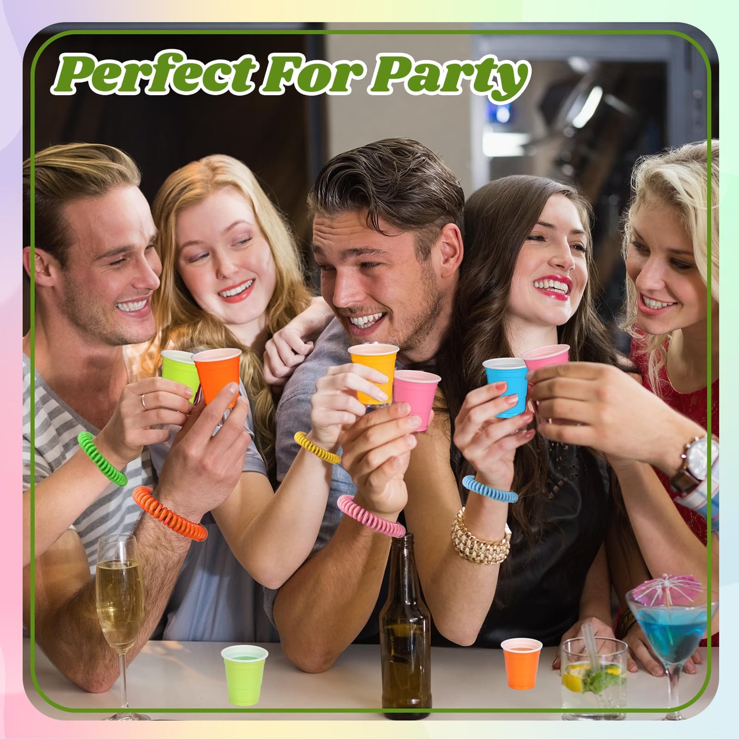 100 Pcs Multi Colors Shot Cups with Wristband for Party 2oz Plastic Shot Glasses Bulk Disposable Mini Shot Glasses with Bracelet Wear On Solo Cups for Festival Birthday Carnival Easter Party Supplies