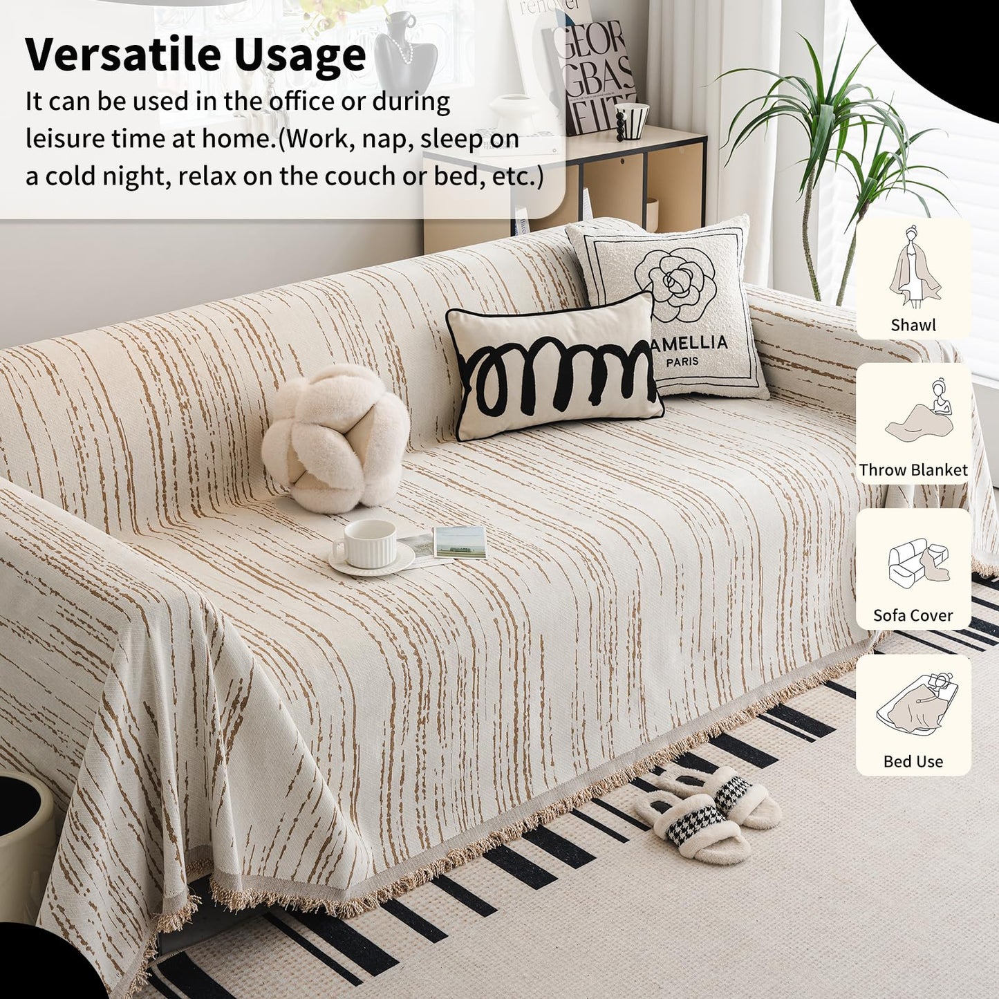 WEYOND Chenille Couch Cover Pet Friendly, Sofa Cover Washable, Reversible Sofa Slipcover for Sectional, Loveseat, 2 or 3 Cushion Couch, Futon Cover (71" X 118", Khaki)