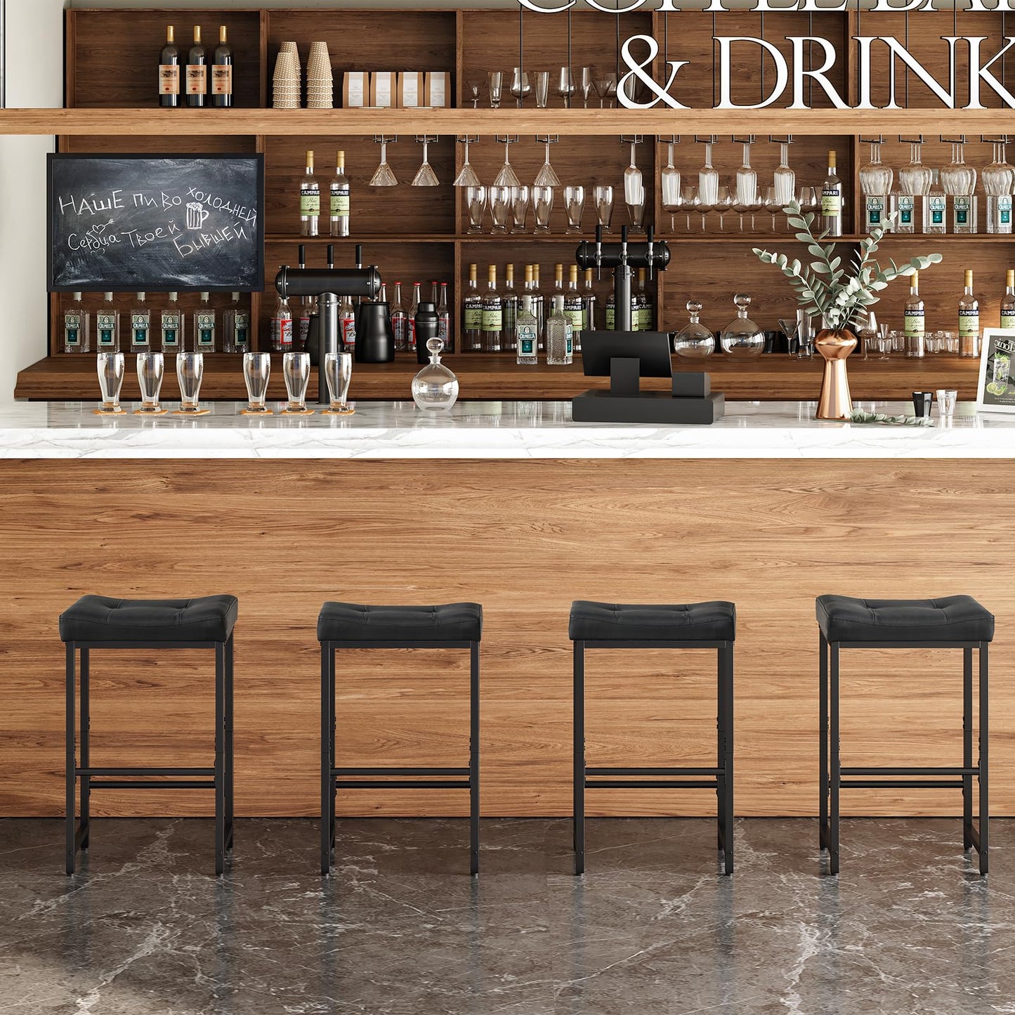 HOOBRO Bar Stools, 64.5 cm Saddle Stools with PU Upholstery, Counter Height Stools with Footrest, Kitchen Breakfast Chairs, for Dining Room, Cafe, Bar, Black BB23BY01