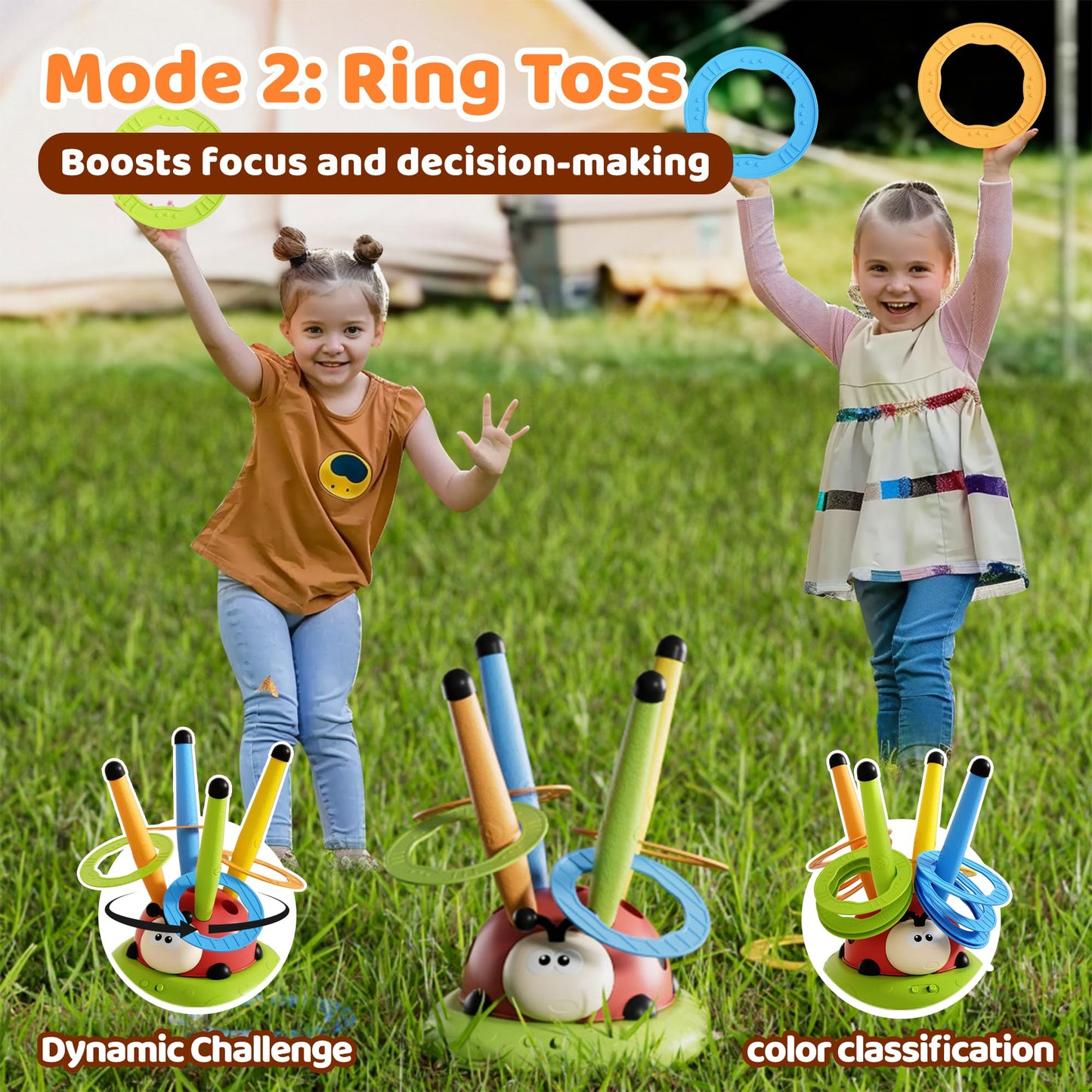 5 in 1 Multi-Functional Game Sports Machine, Kid Ladybug Fitness Machine Toy,Obstacle Course/Rocket Launch/Ring Toss/Musical Jump Toys with Remote Control, Outdoors Toys for 3-8 Years Boys Girls