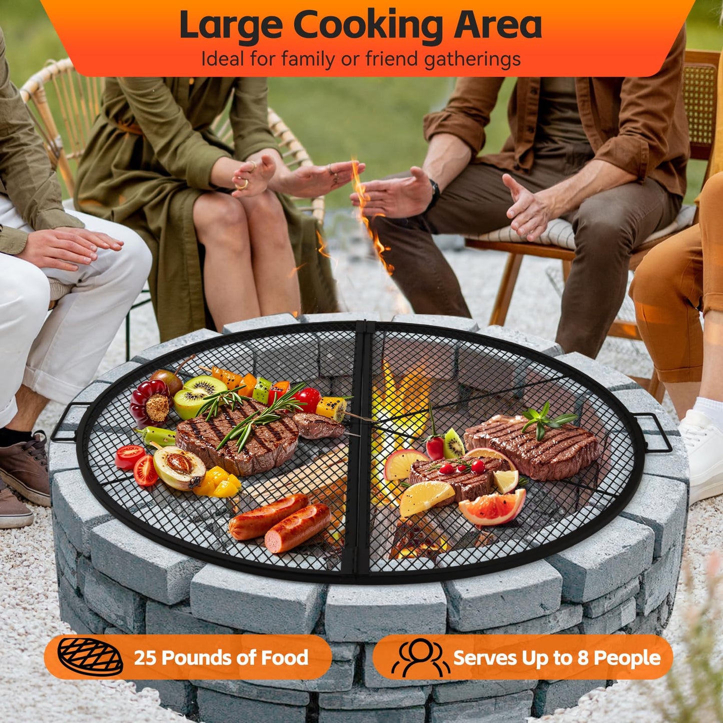 METORICO X-Marks Fire Pit Cooking Grill Grate with Support X Wire - Heavy Duty Folding Round Campfire Grill Grid - Portable Camping Cookware for Outside Party Gathering - 30 inch