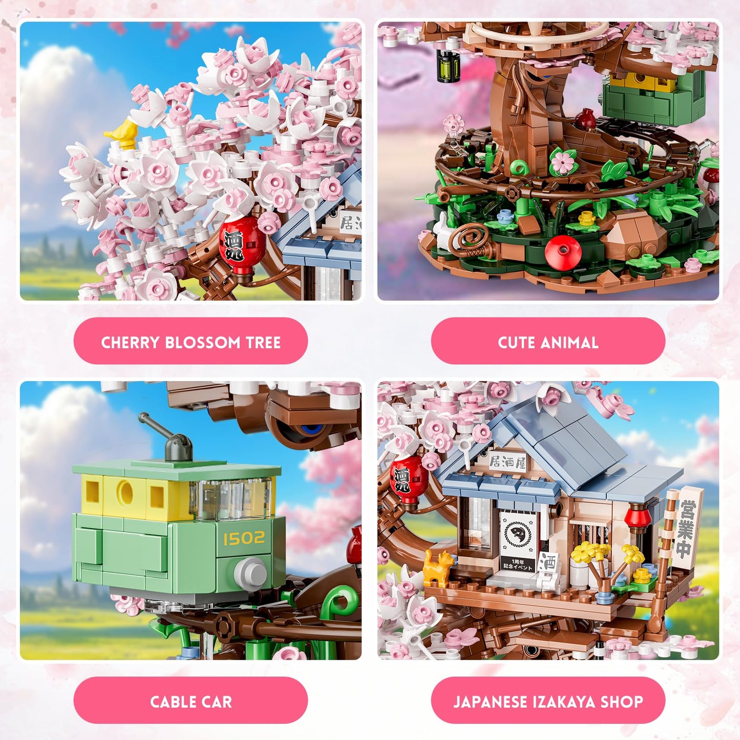 Cherry Blossom Treehouse Building Set for Girls 8-12, Compatible with Lego Friends, Flowers House Japanese Izakaya Shop Architecture Building Blocks Toy with Light for Adults, Gift for Kids (1098 PCS)
