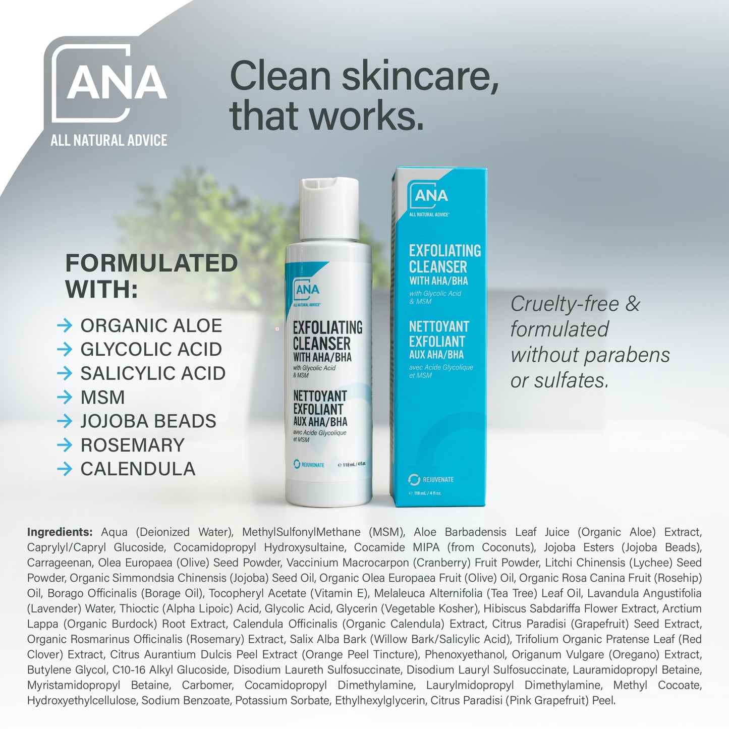 All Natural Advice Exfoliating Cleanser, 118 mL with Organic Botanicals, AHA BHA Exfoliant, Glycolic Acid, Salicylic Acid, MSM & Aloe | Exfoliating Face Wash & Pore Minimizer | Canadian Skin Care