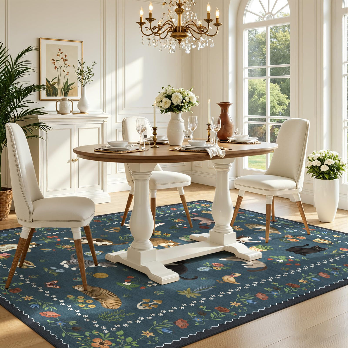 5x7 Area Rugs Living Room Rug - Floral Animal Boho Non-Slip Washable Carpet, Low Pile Non-Shedding Stain Resistance Boho Soft Carpet for Bedroom, Kids Playroom, Dining Room, Farmhouse (5'x7' Blue)