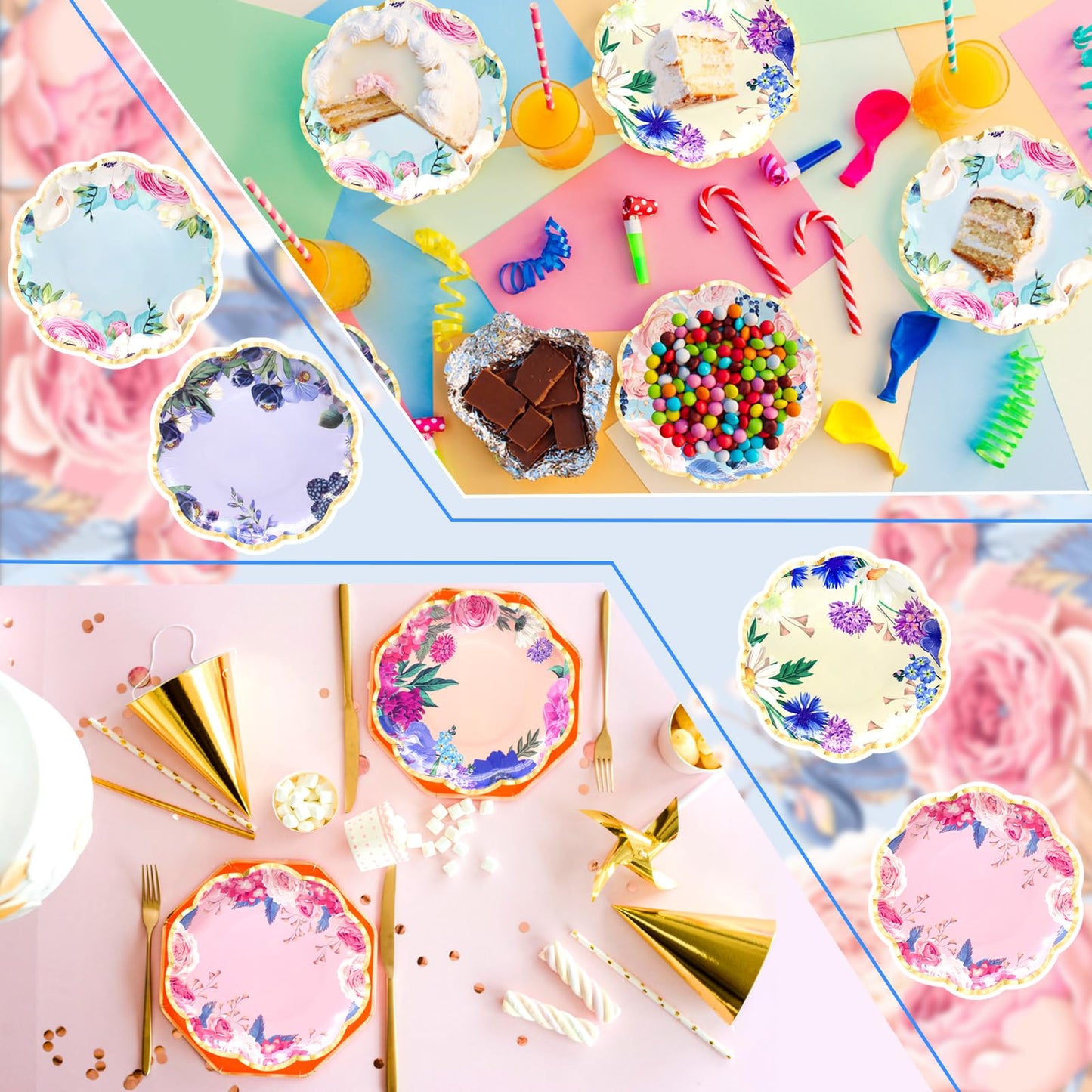 Benvo Floral Plates Disposable 60 Pack Paper Plates 9 Inch Dessert Plates Flower for Tea Party Garden Party Baby Shower Bridal Shower Birthday Wedding Decorations(6 Styles)