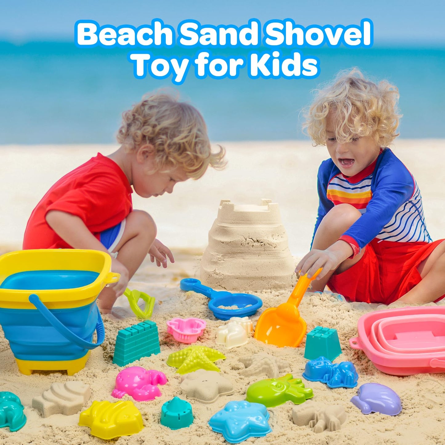 Kids Beach Sand Toys with 2 Collapsible Buckets Animal and Castle Play Sand Molds 2 Mesh Beach Shell Bags, Shovels Set Travel Sandbox Toys for Toddler Ages 3-10