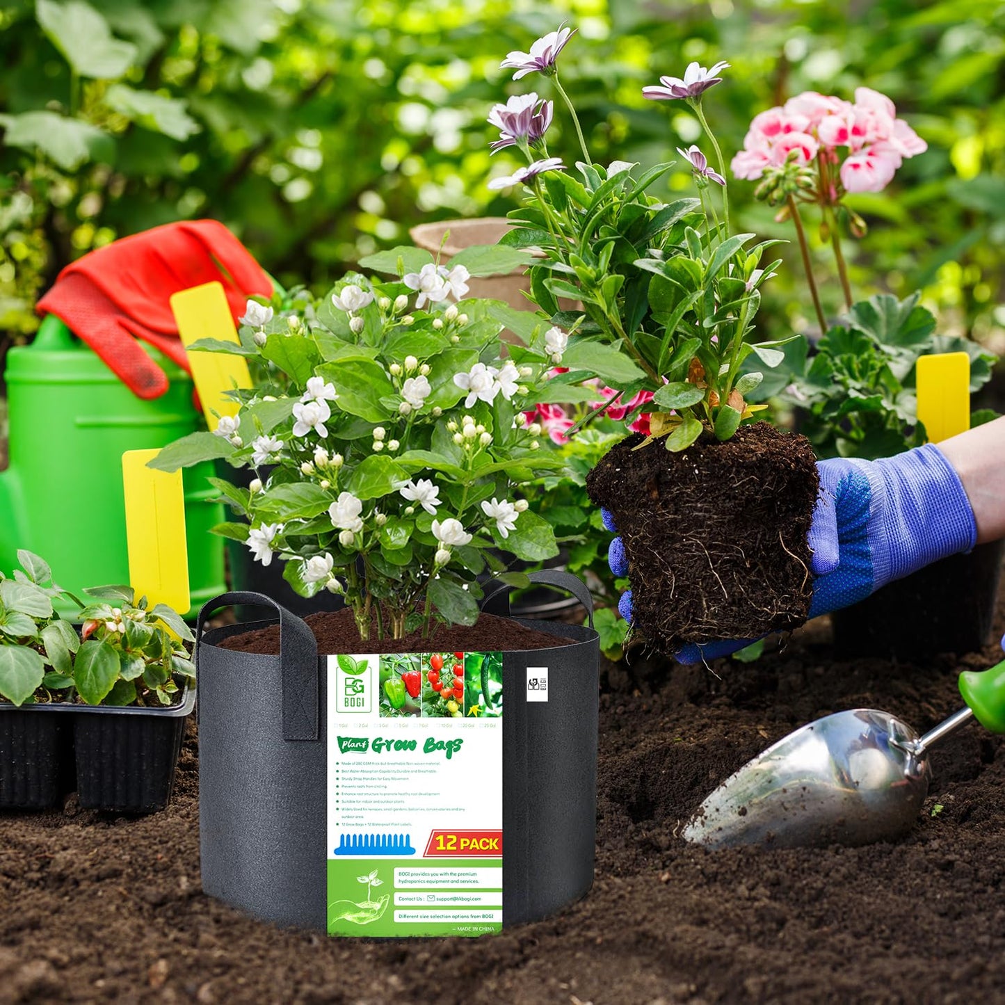 BOGI Grow Bags 12 Pack 25 Gallon Grow Bags Heavy Duty Thickened Nonwoven Grow Bag with Durable Habdles Fabric Pot for Vegetable Flower Potato Garlic Indoor Outdoor Plants + 12 Waterproof Plant Labels