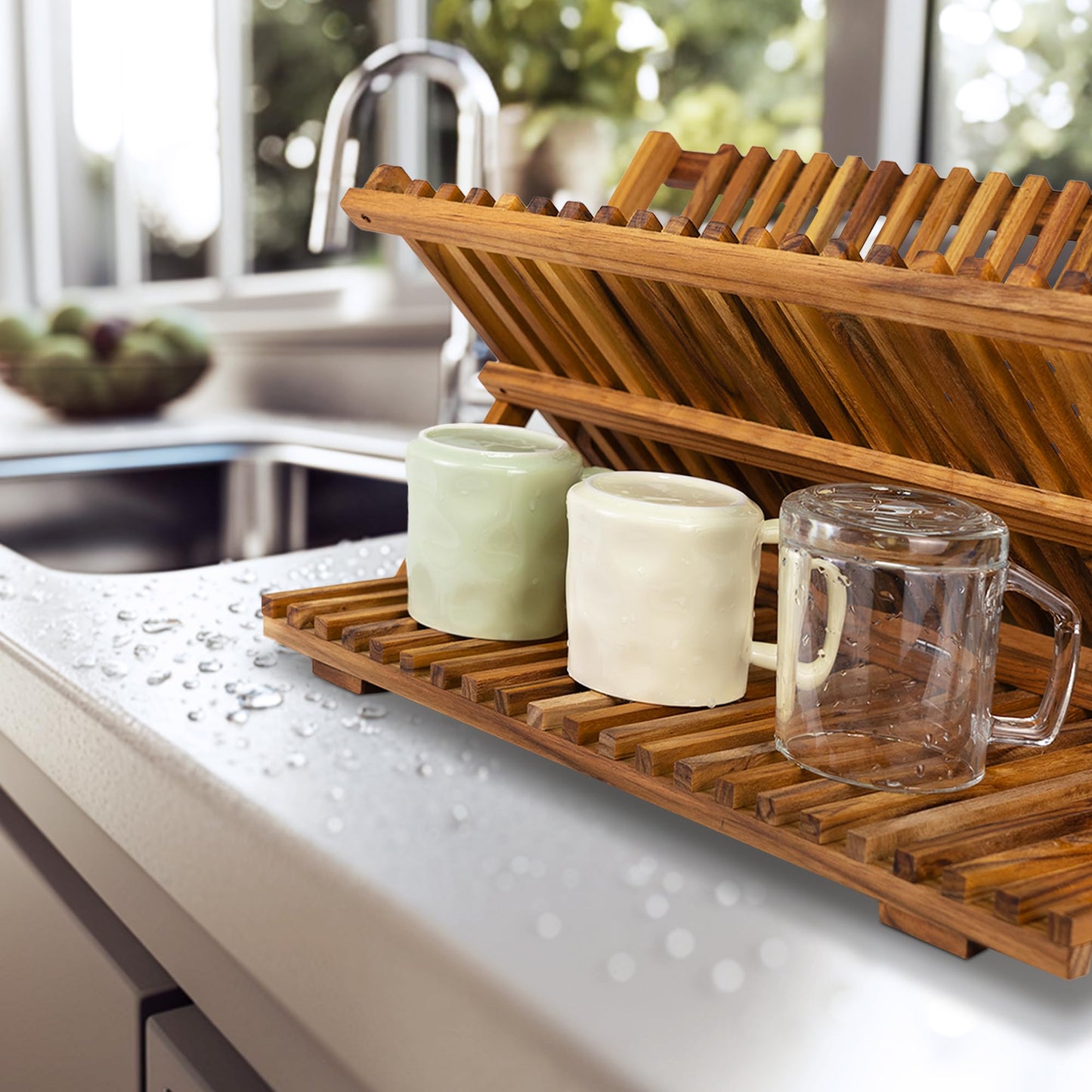 Utoplike Large Teak Dish Drying Rack, Wooden 3 Tier Collapsible Dish Drainer for Countertop, Kitchen Organizer for Pasta Plates, Cups