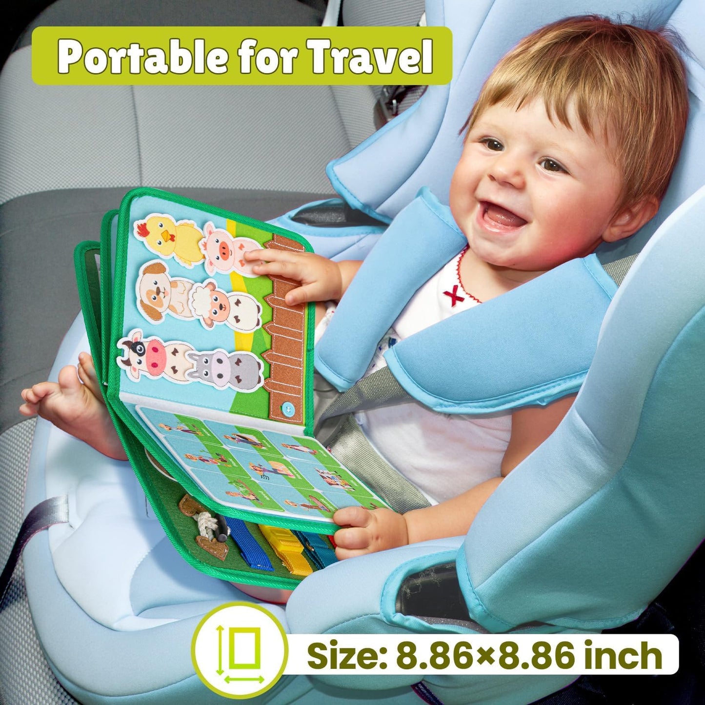 Quanquer Busy Board for Toddler 1-3 - Montessori Toy for 1 2 3 4 Years Old Kids Boys Girls - Farm Busy Book for Educational Learning Development Activities Sensory - Car Airplane Travel Toys