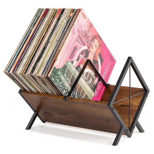 PUERSI Vinyl Record Storage Rack, 80 LP Record Storage Holder, 1 Tier Vinyl Display Shelf with Adjustable Divider, Vinyl Record Accessories, Organizer for Albums, Magazine, Book, Files - Brown