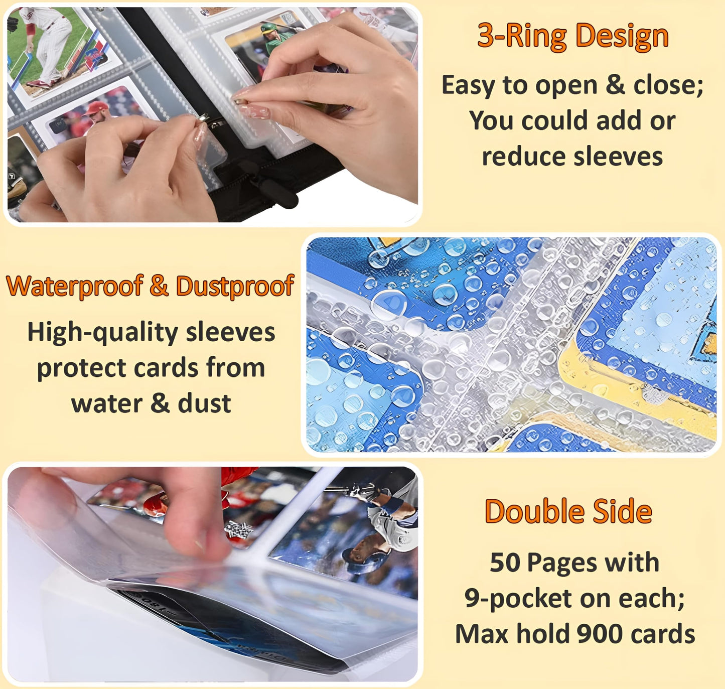 Baseball Card Binder 900 Pockets, 50 Sleeves Large Baseball Binder 3 Ring Zipper Trading Cards Holder 9 Pocket, Sport Collection Book Storage Organizer, Blue Album Folder Case Protector Collector Gift