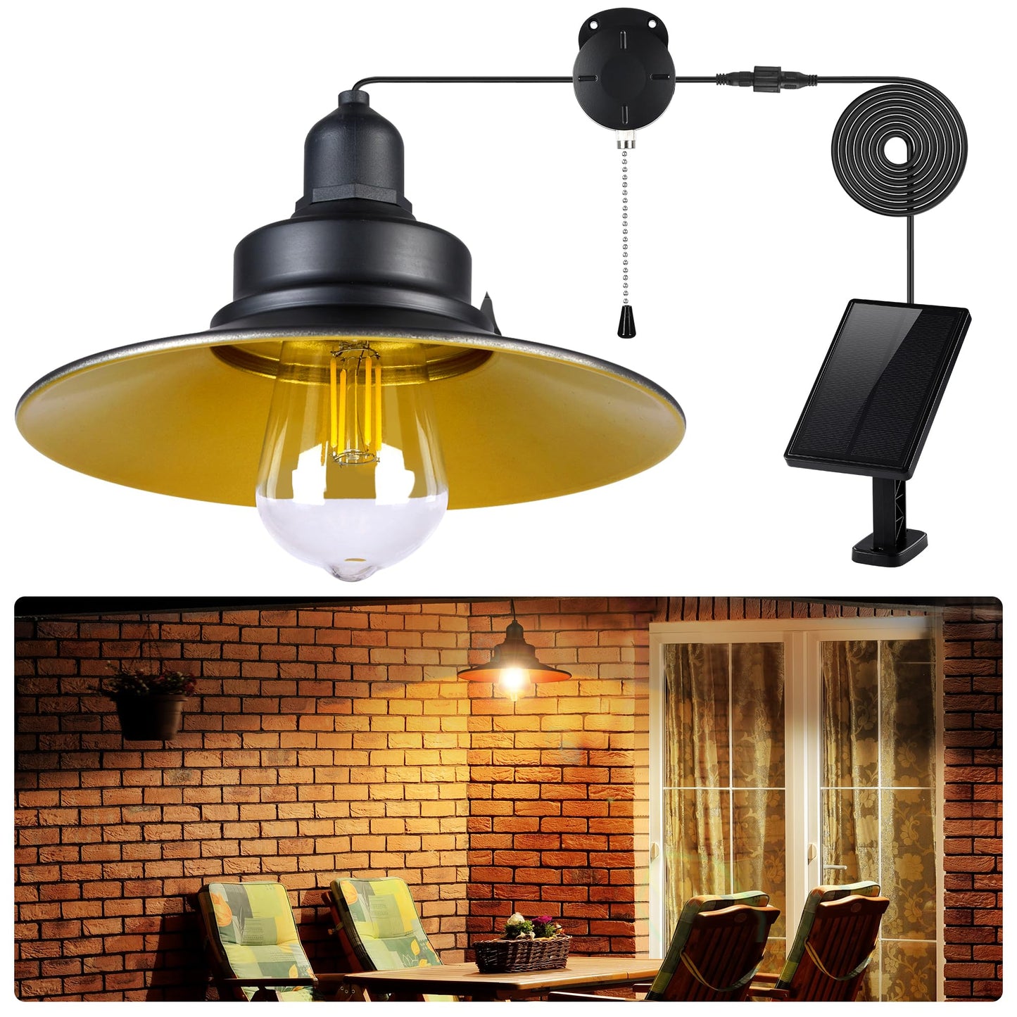FabStyl Solar Pendant Light Indoor Outdoor, FabStyl Solar Shed Light IP65 Waterproof Powered Solar Chandelier, Gazebo Lights with Pull Cord for Garden, Chicken Coop, Gazebo, Barn