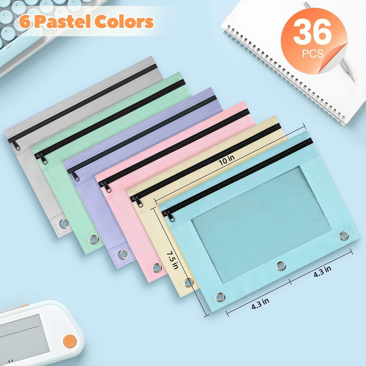 Lanpn 3 Ring Binder Pouch Bulk 36 Pack, Pencil Case with Binder Holes, Aesthetic Pencils Pouches, Zipper Pen Bags Holder for Kids Boy Girl School Student Storage, Clear Window & Reinforced Grommets