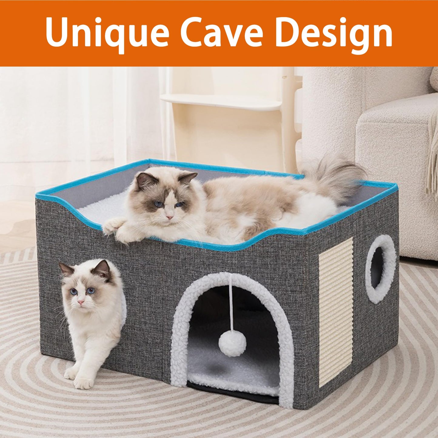 Loyareal Cat Houses for Indoor Cats - Large Cat Bed Cave for Cat House with Scratch Pad and Fluffy Ball, Foldable Cat Hideaway with Reversible Cushion Cat Condo for Multi Small Pet, Light Grey