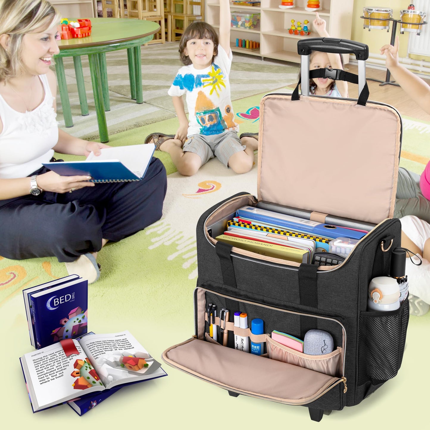 Luxja Rolling Teacher Bag with Laptop Compartment and Detachable Dolly, Multifunctional Rolling Teacher Tote Bag (Patent Pending), Black