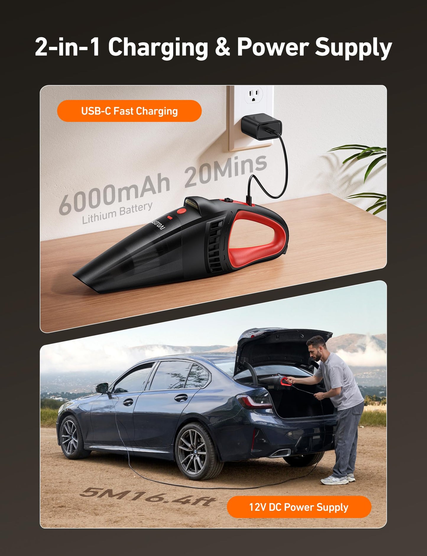 AstroAI Car Vacuum Cleaner Cordless, Handheld Vacuum with 6000mAh & 12V DC, LED Light, Brush, Extended Nozzle, Hose, Rechargeable Hand Held Vacuum for Car, Home, Office & Pet Cleaning