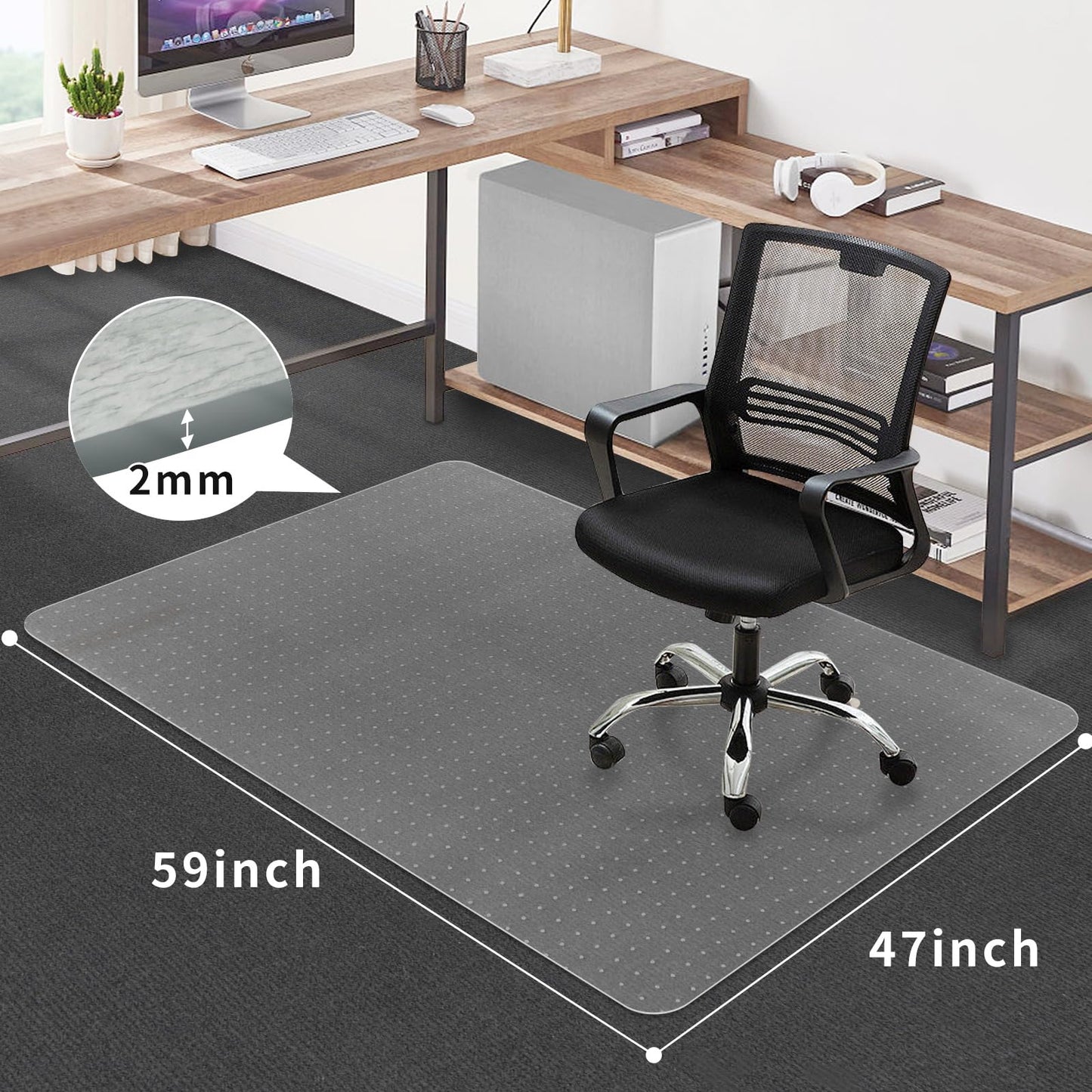 SHAREWIN Office Chair Mat for Carpet Floors, 47" x 59" Clear Desk Chair Mats for Low Pile Carpeted Protector, Sturdy PVC Computer Thin Chair Mats Anti-Slip and Easy to Clean for Home & Office