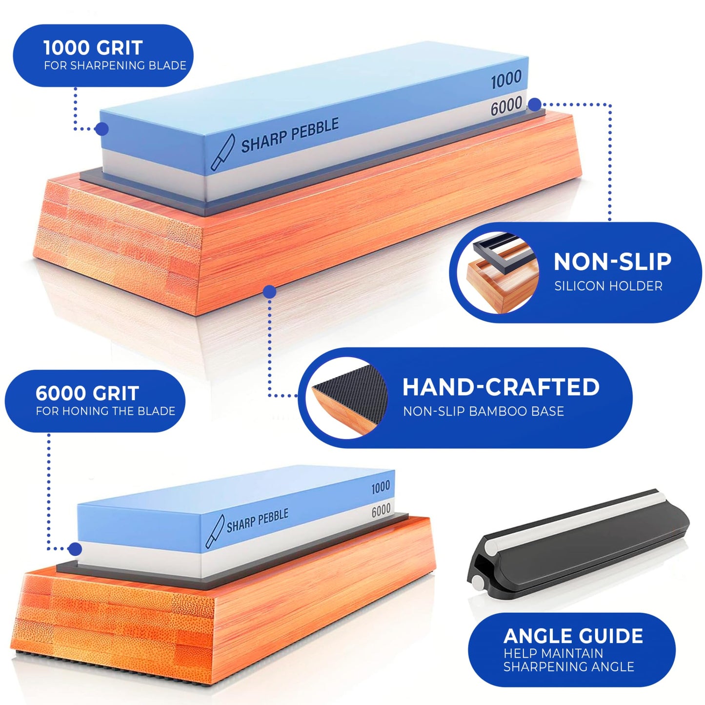 Premium Sharpening Stone- 2 Side Whetstone 1000/6000 - Knife Sharpening Stone- Nonslip Bamboo Base, Angle Guide & eBook