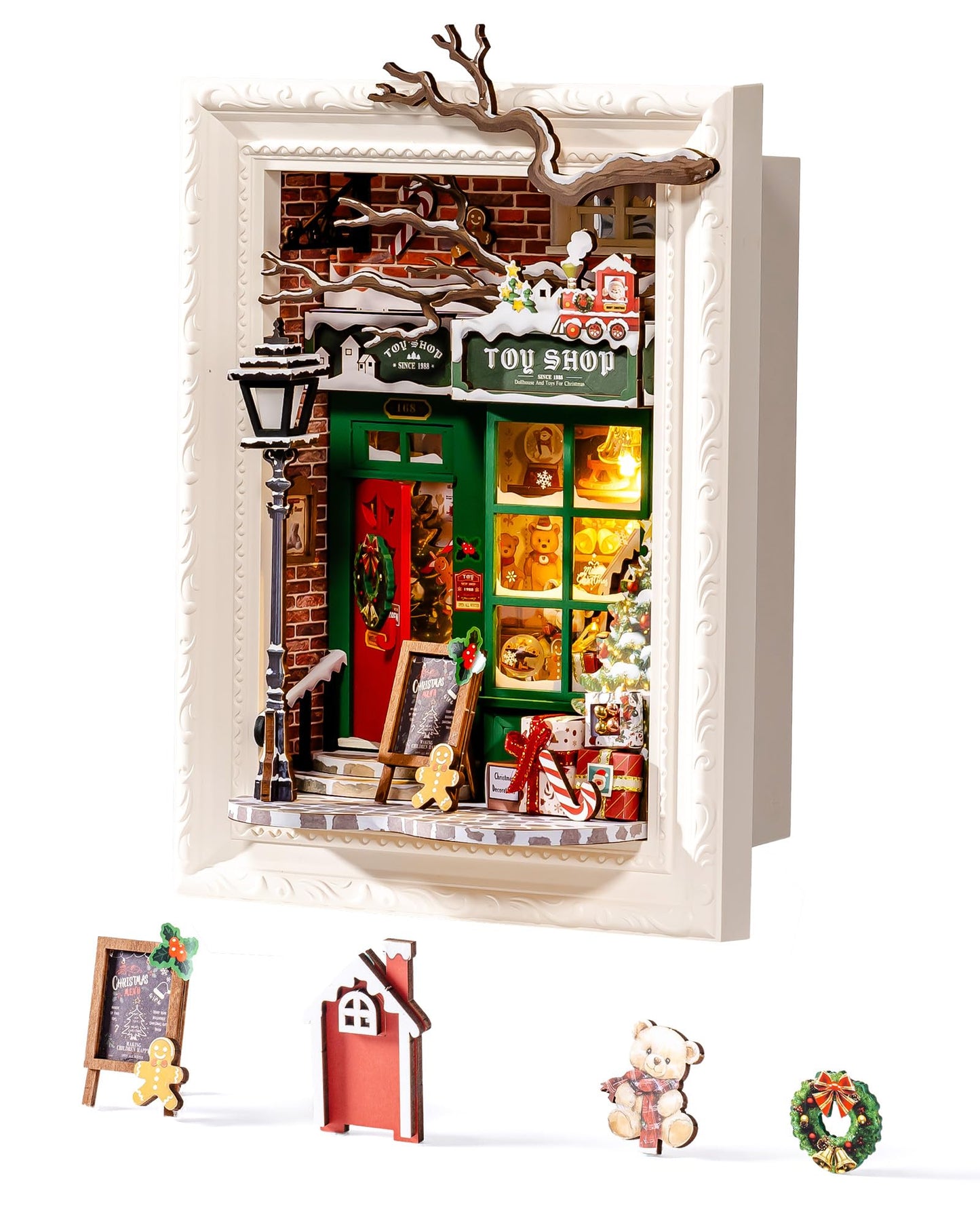 Rolife DIY Miniature House Kit, Mini Wooden Dollhouse Kit for Adults to Build, 3D Shadow Box Frame Home Wall Hanging Decor Diorama Kit, for Girls Women Teens-Santa's Toy Shop