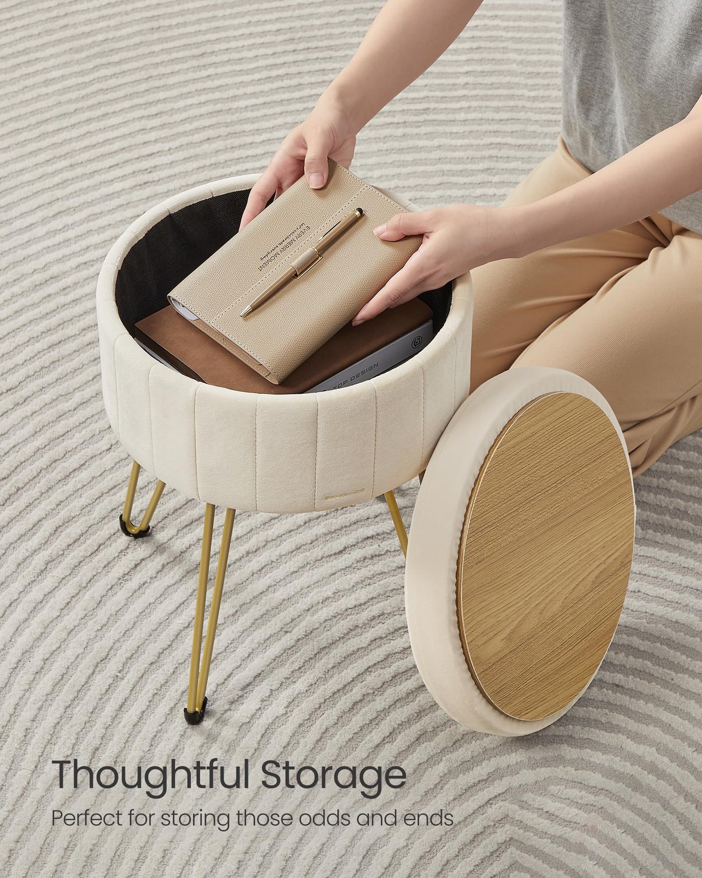 SONGMICS Vanity Stool Chair, Small Ottoman Stool with Storage, Velvet Makeup Stool, 15.4 Dia. x 17.5 H Inches, Cream White ULOM003W01