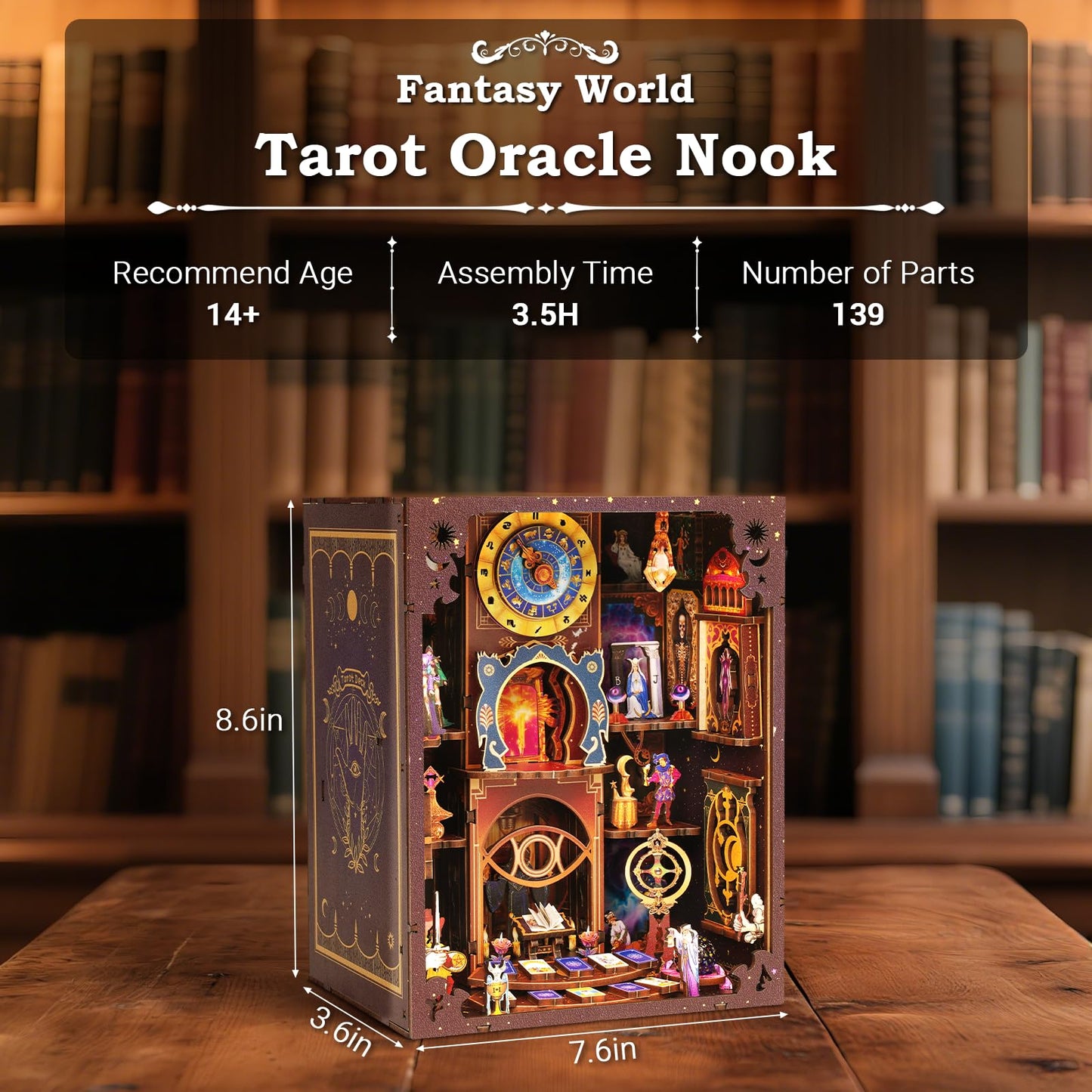 Book Nook Kit - DIY Miniature Dollhouse with LED Lights for Adults & Teens, Fantasy Tarot-Themed 3D Wooden Bookshelf Decor, for Craft Lovers
