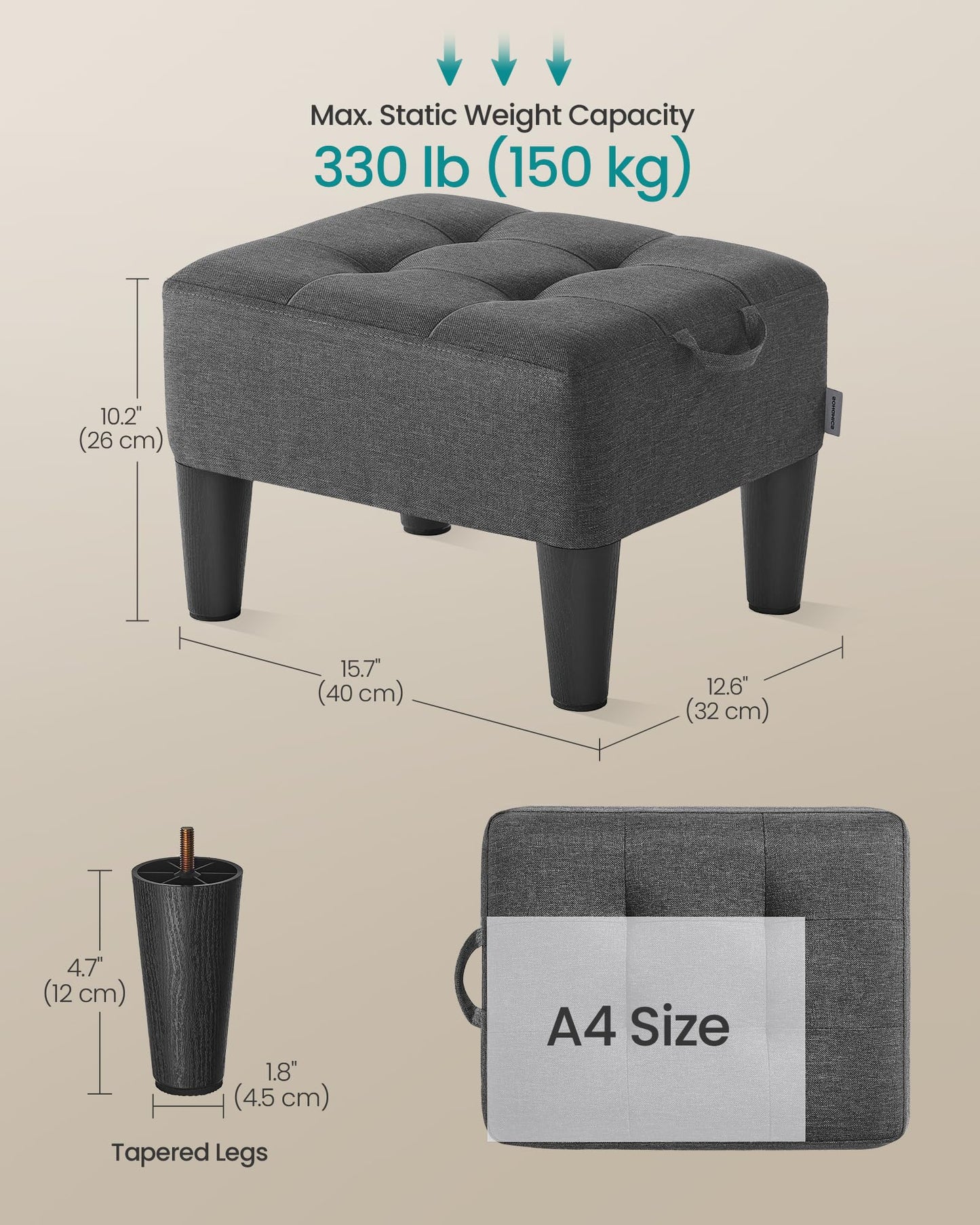 SONGMICS Foot Stool with Legs, Small Footstool Ottoman, Linen-Look Fabric Seat with Thick Cushion, for Living Room, Bedroom, Entryway, 330 lb Weight Capacity, Dark Gray ULOM502G01