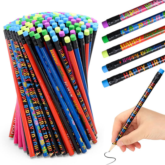 150 Pcs Bulk Happy Birthday Pencils for Students Fun Colorful Printed Birthday Assorted Style Novelty Pencils with Eraser for Kids Happy Birthday Party Classroom Student Reward Gift Party Favors