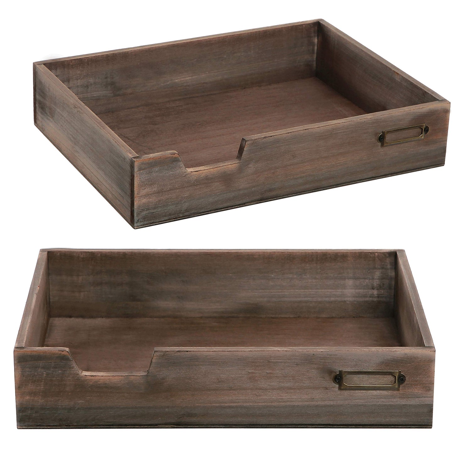 MyGift Set of 2 Vintage Distressed Finish Brown Wood Stackable Office Desktop Document Letter Paper Tray