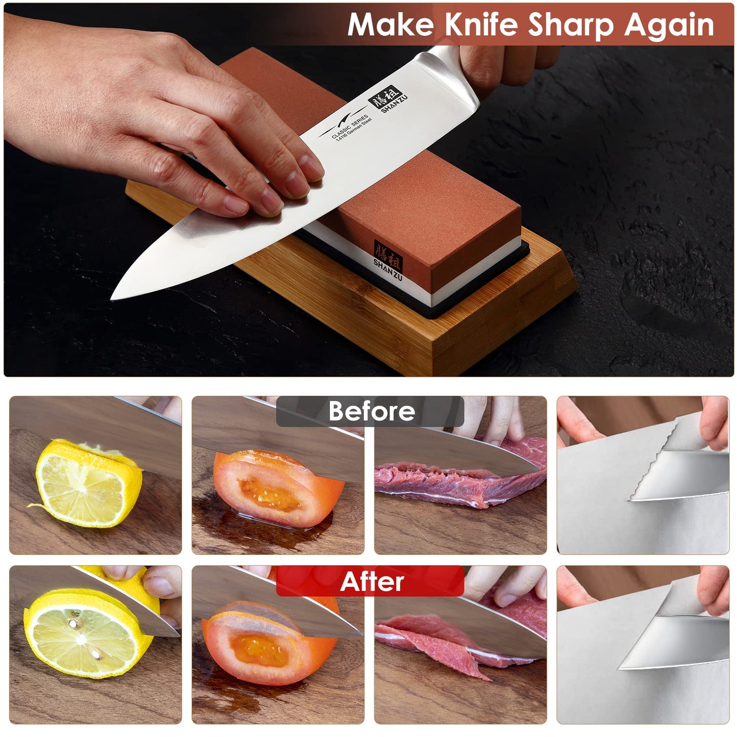 SHAN ZU Whetstone Knife Sharpening Stone, Premium 2-Sided Whetstone Sharpener 1000/6000 Grit Whetstone Kit with Non-Slip Bamboo and Silicon Base Angle Guide for Chef Knife, Kitchen Knife,Hunting Knife