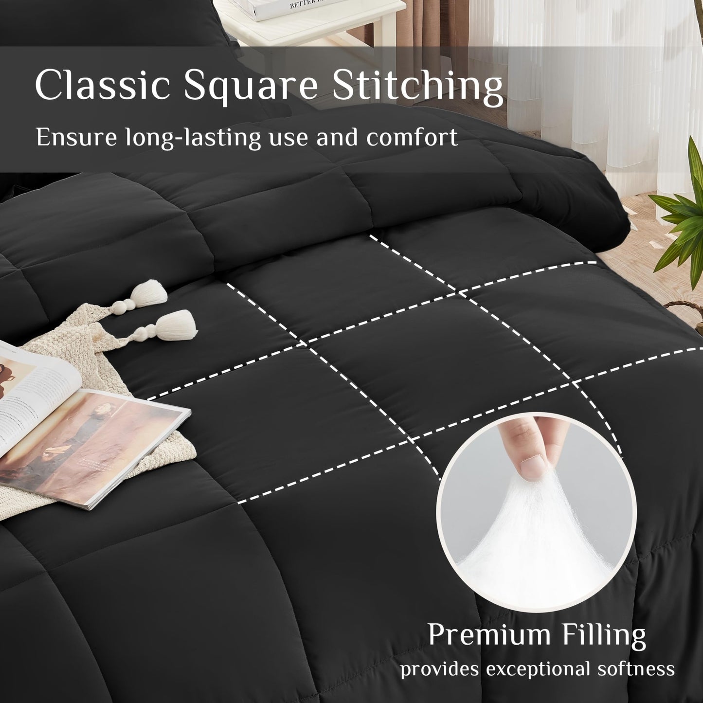 JOLLYVOGUE Black King Size Comforter Set - Ultra-Soft Bedding Set for All-Season Warmth - Bed in a Bag 7 Pieces with Sheets, Pillowcases & Shams