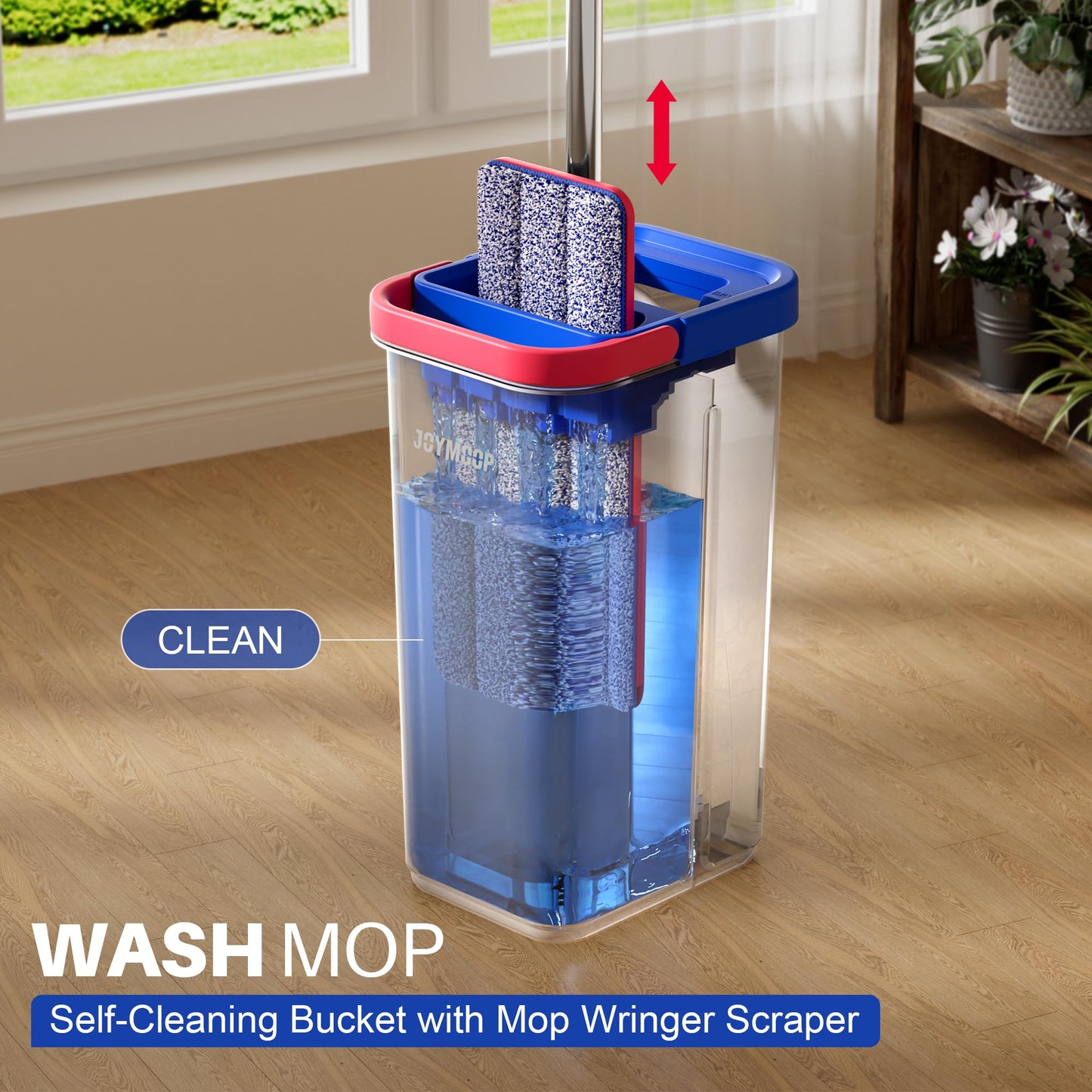 JOYMOOP Mop and Bucket Set for Home, Hands-Free Self-Cleaning System, with 3 Reusable Microfiber Mop Pads, Suitable for Floor Cleaning and Wall Cleaner - Black+Red+Slate Blue