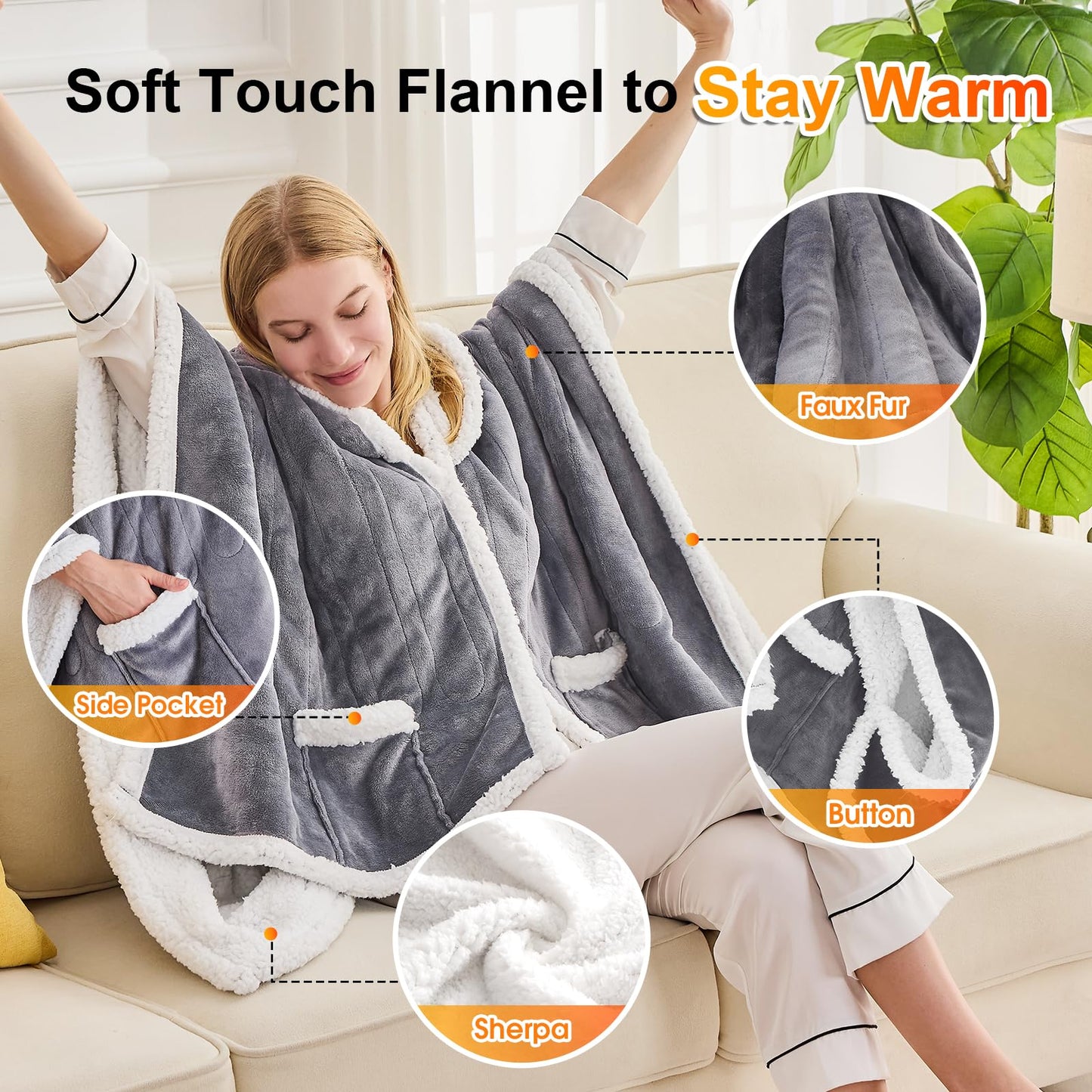 greenoak Wearable Heated Throw Blanket Electric Shawl - Heated Robe Poncho Blanket Hoodie for Adult, Winter Gifts for Mom Women Girlfriend Grandma 5-Position Timer 10-Heating Levels,Ash Gray