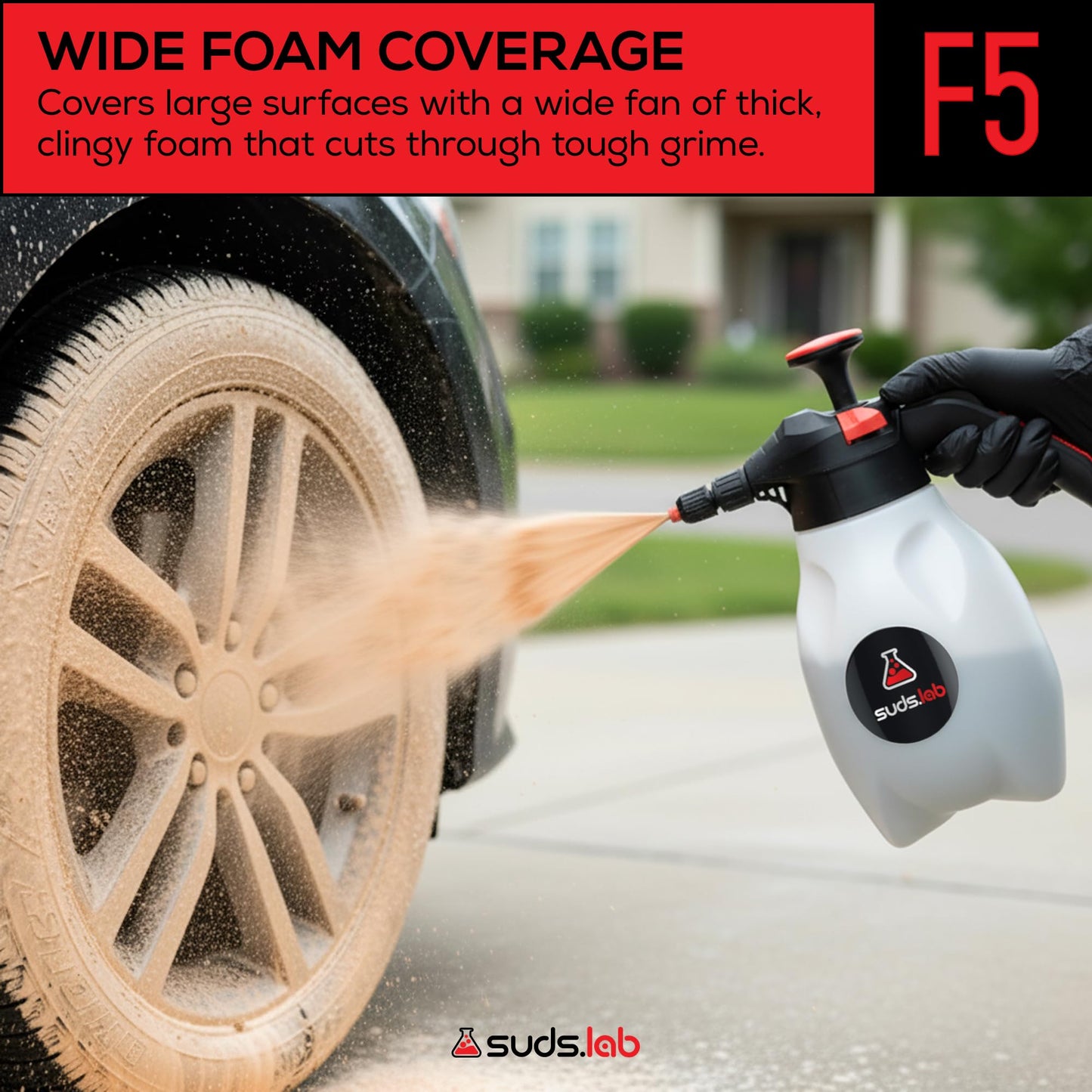 Suds Lab F5 Foam Master - Triple-Action Pump Foam Sprayer with 3 Nozzles, Cordless Hand Pump Bottle for Car Wash & Versatile Use - 70 Oz. Portable Detailing Atomizer