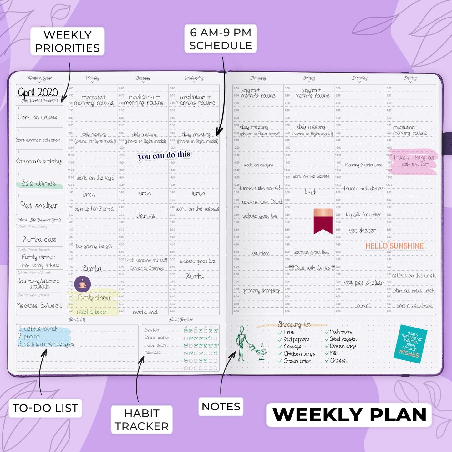 GoGirl Planner PRO Schedule - Undated Planner with Hourly Time Slots, Monthly, Weekly & Daily Organizer, Appointment Book for time Management, 7"x10" Hardcover, Lasts 1 Year - Purple