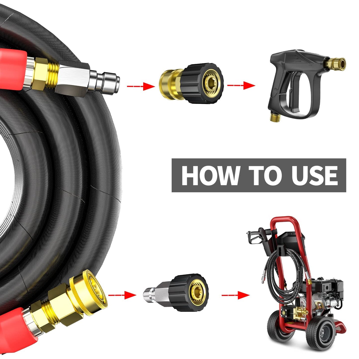 POHIR 3/8 Inch Pressure Washer Hose 25 FT with Adapter Set, 4800PSI Hot and Cold Water Max 248°F, High Tensile Wire Heavy Duty Commercial Grade Hose, 2pcs M22 14mm to 3/8 Quick Connect Accessories