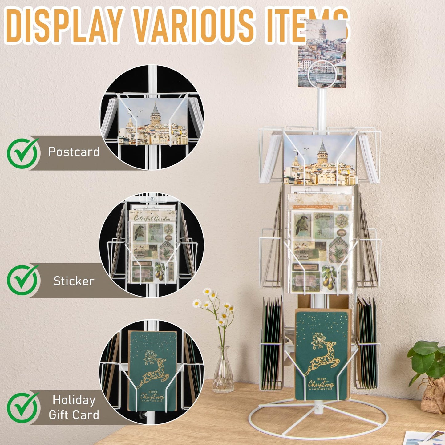 Greeting Card Display Stand Rotating Rack Holder, for Postcard Sticker Retail, Metal White