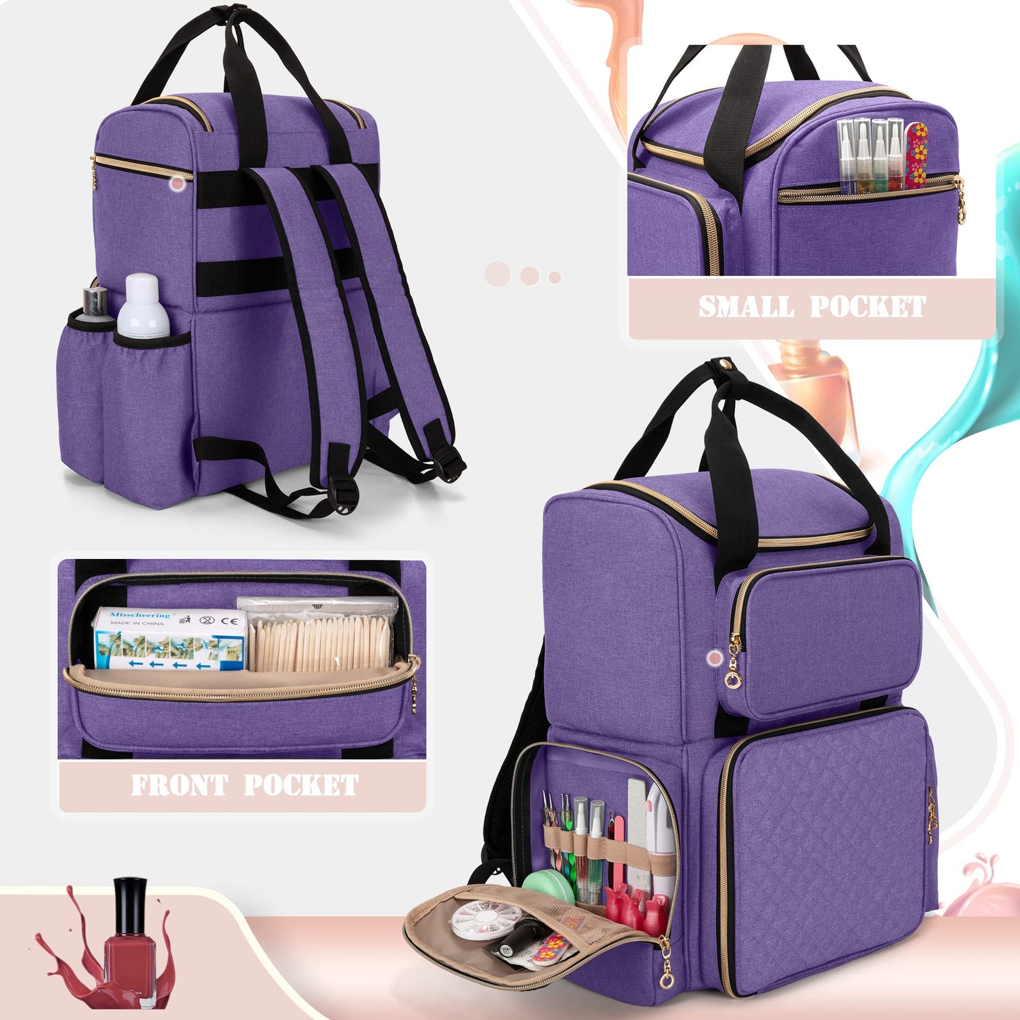 Luxja Nail Polish Organizer (Backpack Version) Holds 70 Bottles and a Nail Lamp, Travel Nail Polish Bag with 2 Removable Cases and Tools Storage Pockets (Patent Pending), Purple