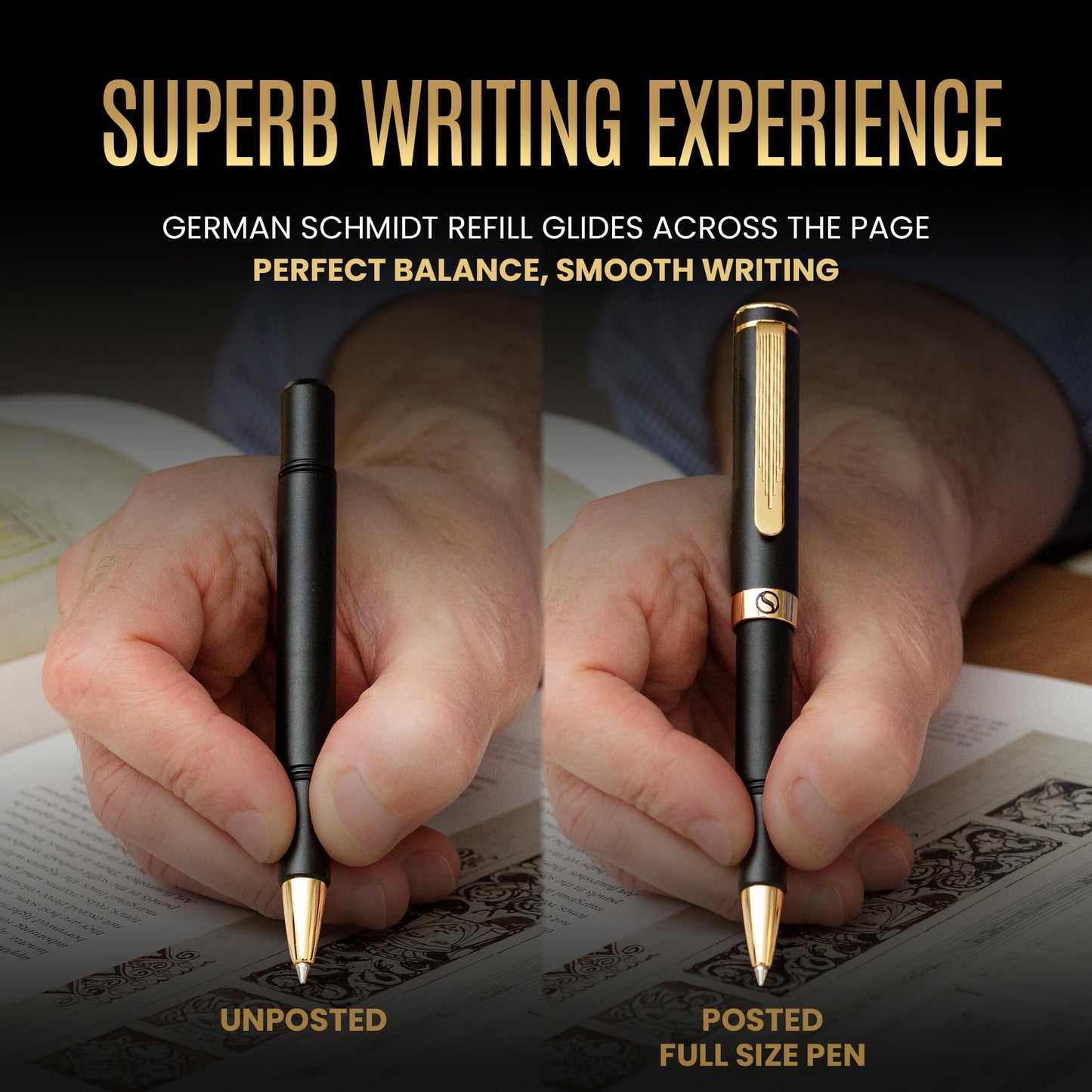 Scriveiner Black Rollerball EDC Luxury Pen, Stunning Pocket Pen, Real Gold Plating, Cool Writing Pen, Best Pen Gift for Men, Women, German Schmidt Refill, Nice Present, Fancy Office Designer Pen Set