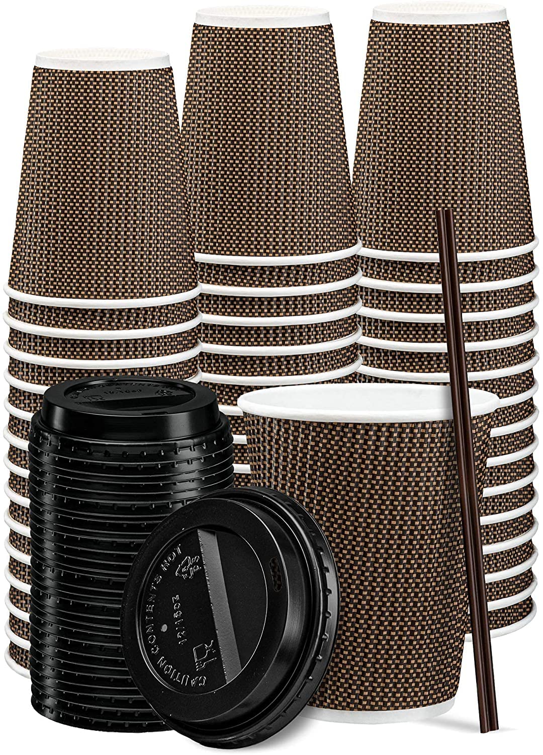 GUSTO 12 oz Insulated Brown Patterned Ripple Paper Hot Coffee Cups with Lids - 50 Sets - Ideal for Hot Beverages, Travel, and Office Use