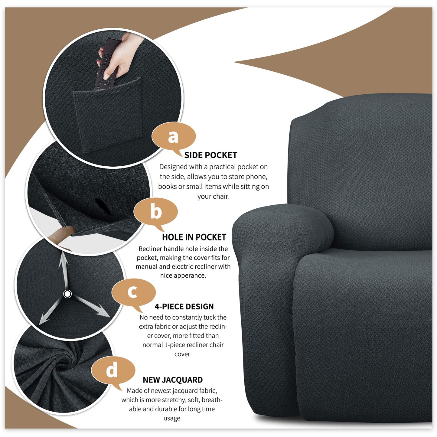 JIVINER Design 8 Piece Recliner Sofa Cover Stretch Jacquard Reclining Couch Covers for 3 Seater Sofa Slipcovers for Living Room Soft Recliner Protector with Pocket (3 Seat, Dark Gray)