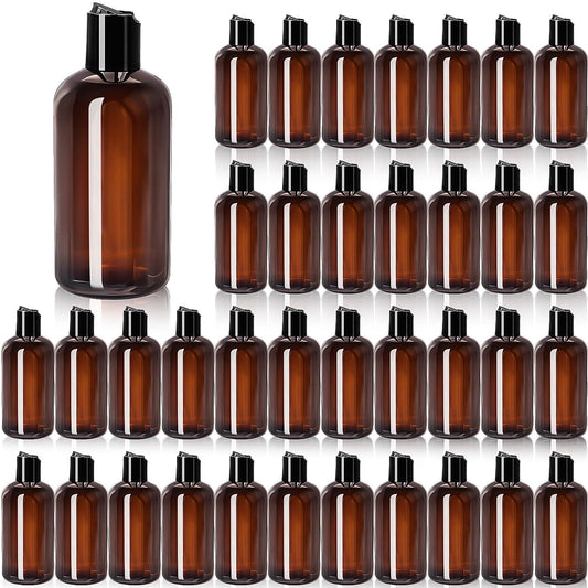 36 Pack Amber Plastic Travel Bottles, 8.5oz Reusable Cosmetic Squeeze Containers with Disc Top Flip Cap, Refillable Empty Containers for Shampoo Conditioner Toiletries Liquid Soap (250ml)