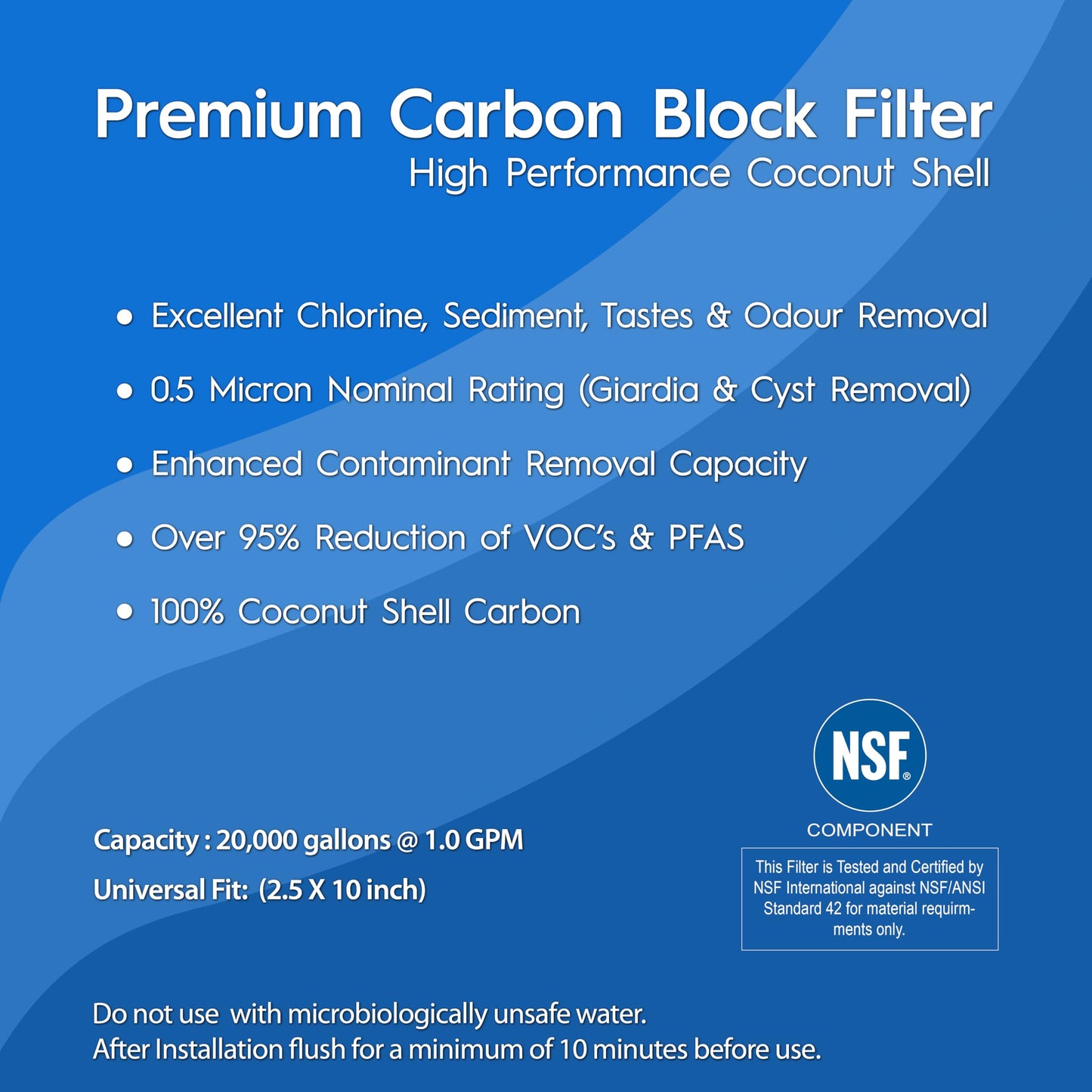 AquaRenaissance Premium 0.5 Micron Carbon Block 2.5 x 10 inch CTO Water Filter Replacement Cartridge, 95% VOC & PFAS Reduction, for Under Sink and Reverse Osmosis Water Filter Systems, NSF 42, 2 Pack