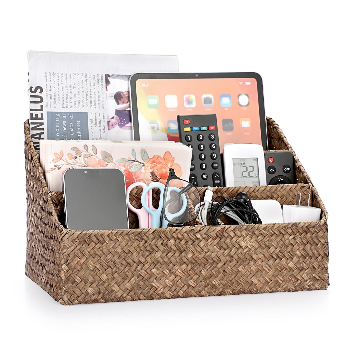BTSKY Natural Seagrass Desk Organizer, Handmade Woven Wicker Mail Sorters with 4 compartments, Office Supply Caddy Accessories Holder Organizer for School, Home