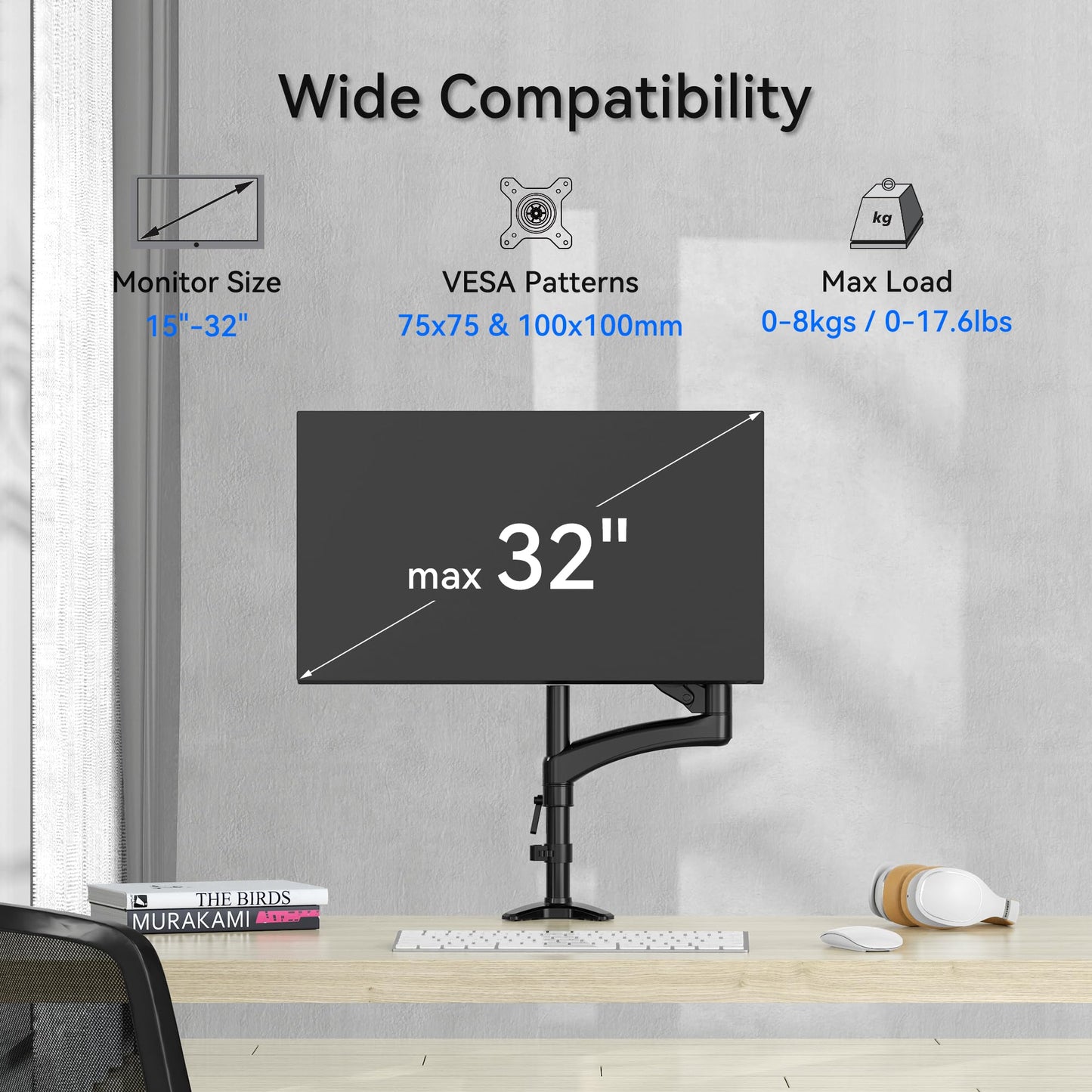 SHOPPINGALL Fully Adjustable Single Gas Spring LCD Monitor Arm Desk Mount Stand with Swing Arm for 15"-32" Monitor, Both Desk Clamp and Grommet Mounting Options in The Box - SA-GM112D-Black